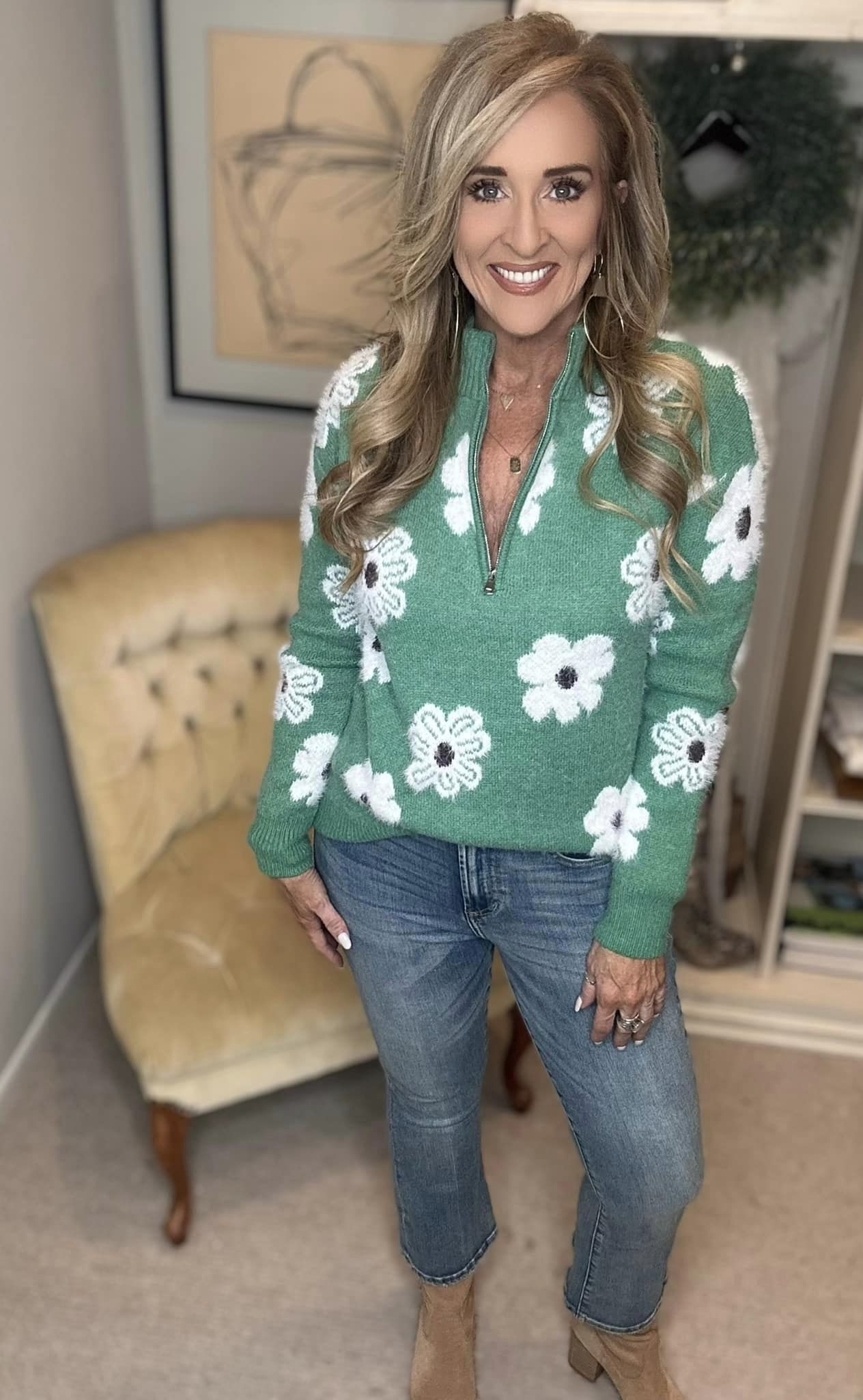 Flower Half Zip Long Sleeve Sweater