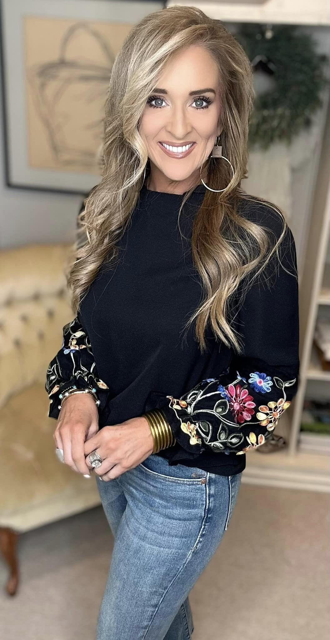 Embroidered Notched Long Sleeve Blouse