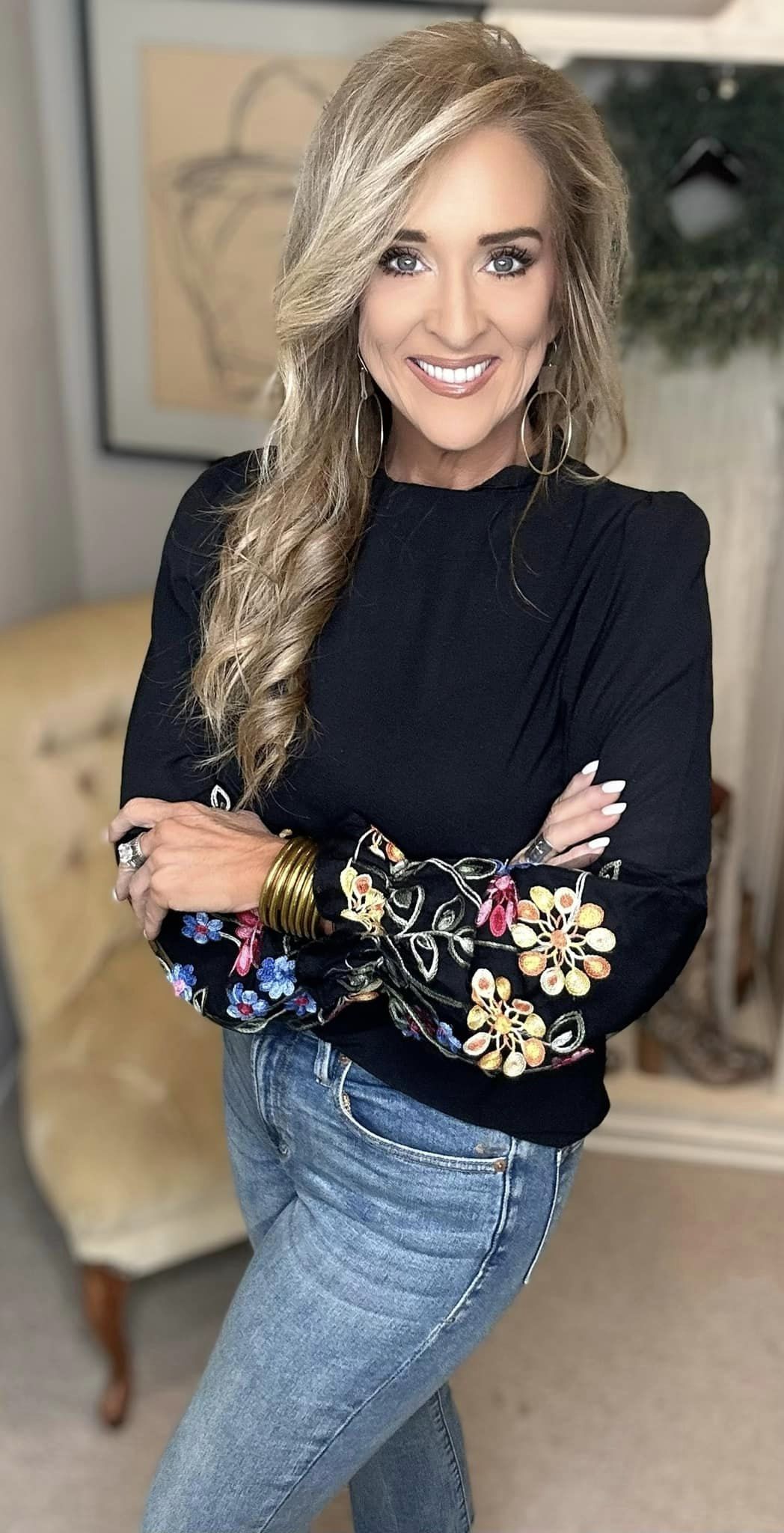 Embroidered Notched Long Sleeve Blouse