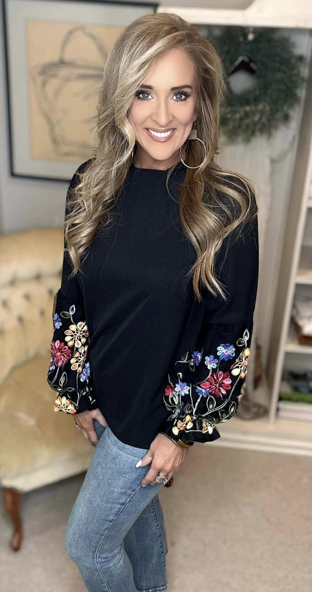 Embroidered Notched Long Sleeve Blouse