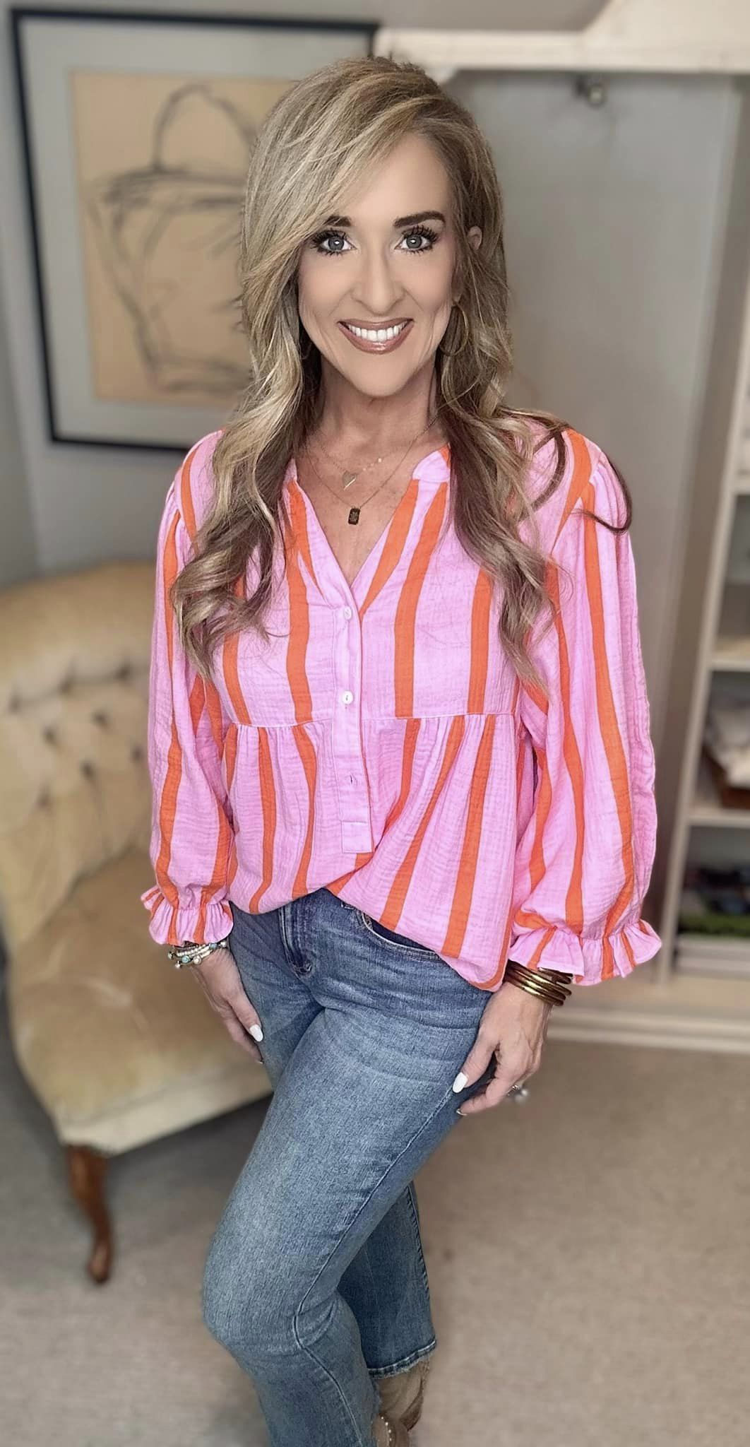 Striped Notched Long Sleeve Blouse