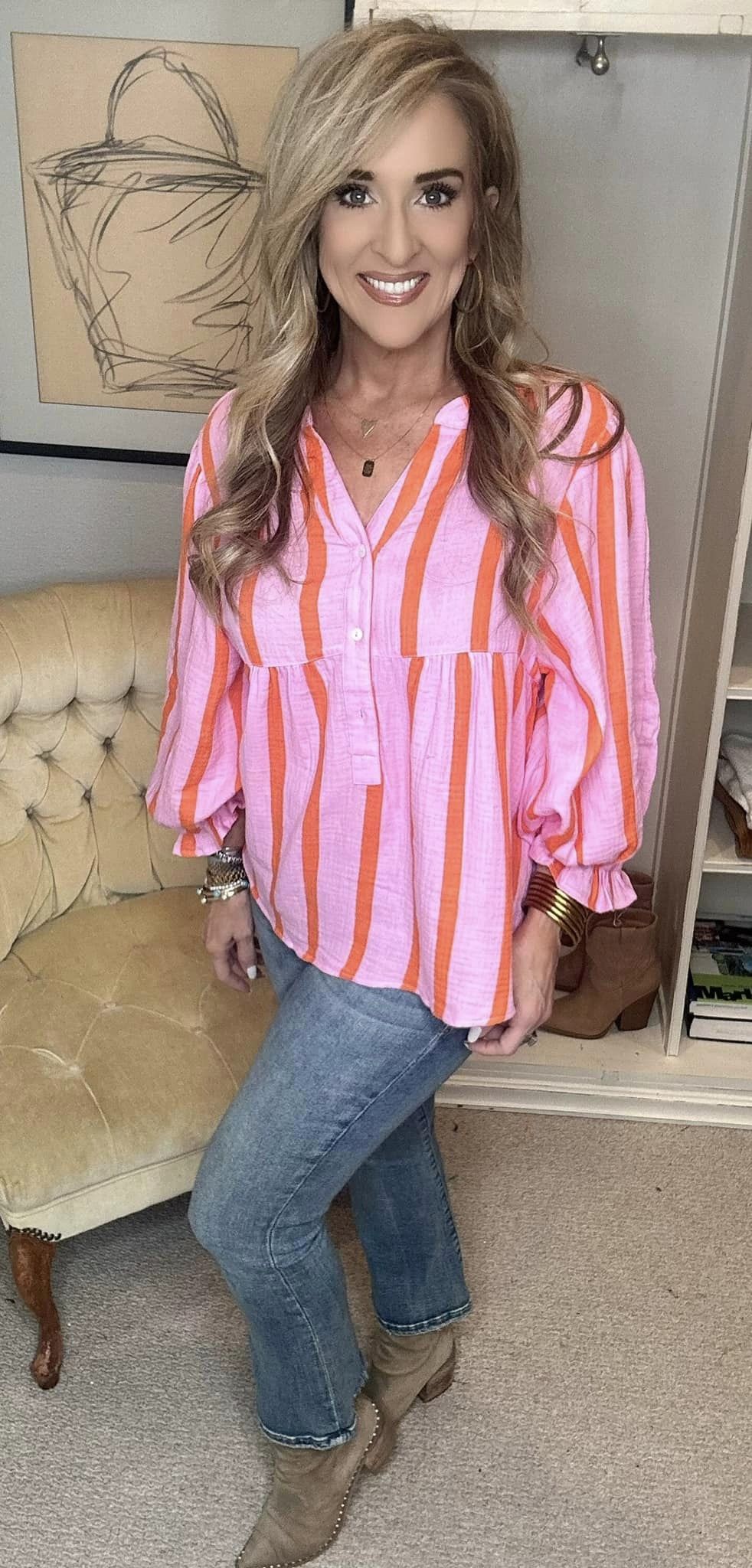 Striped Notched Long Sleeve Blouse