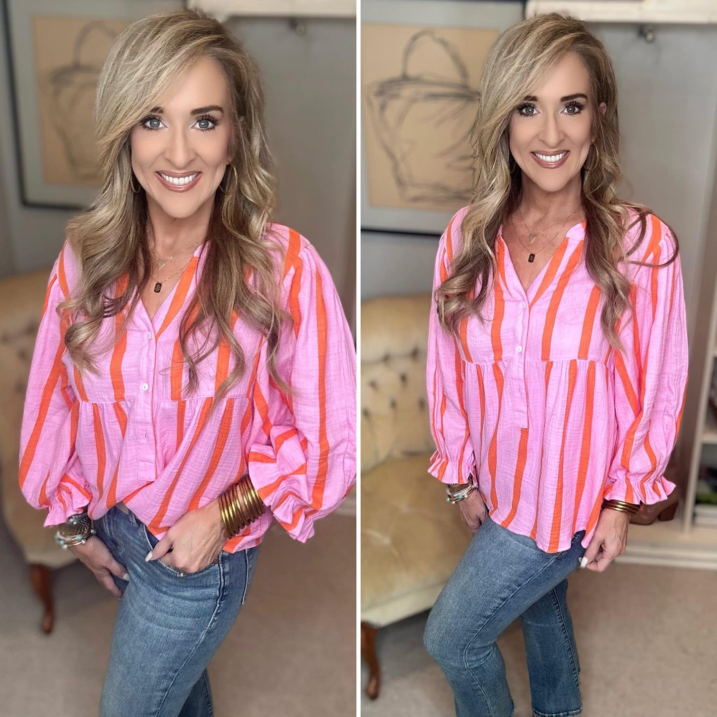 Striped Notched Long Sleeve Blouse