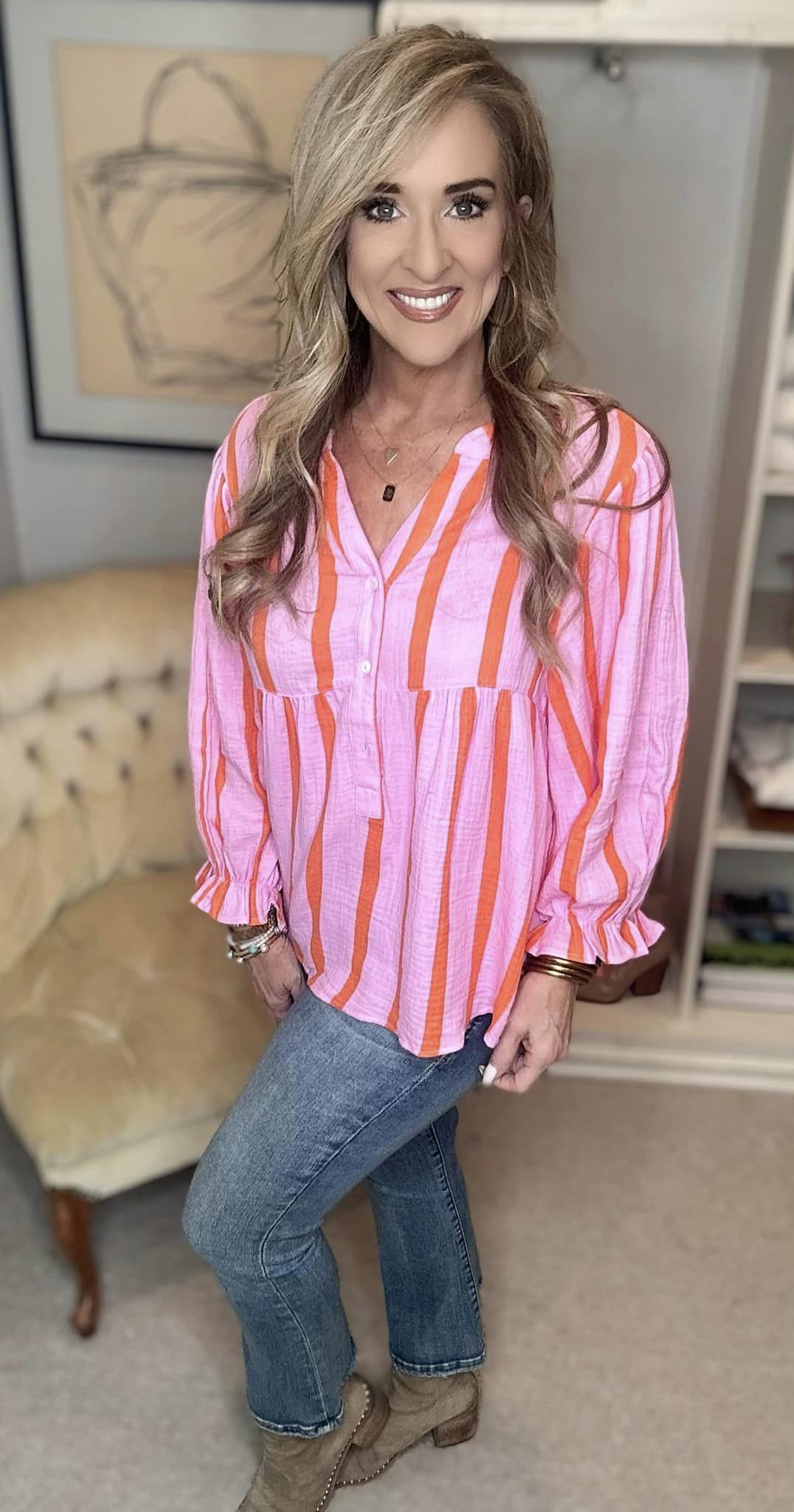 Striped Notched Long Sleeve Blouse