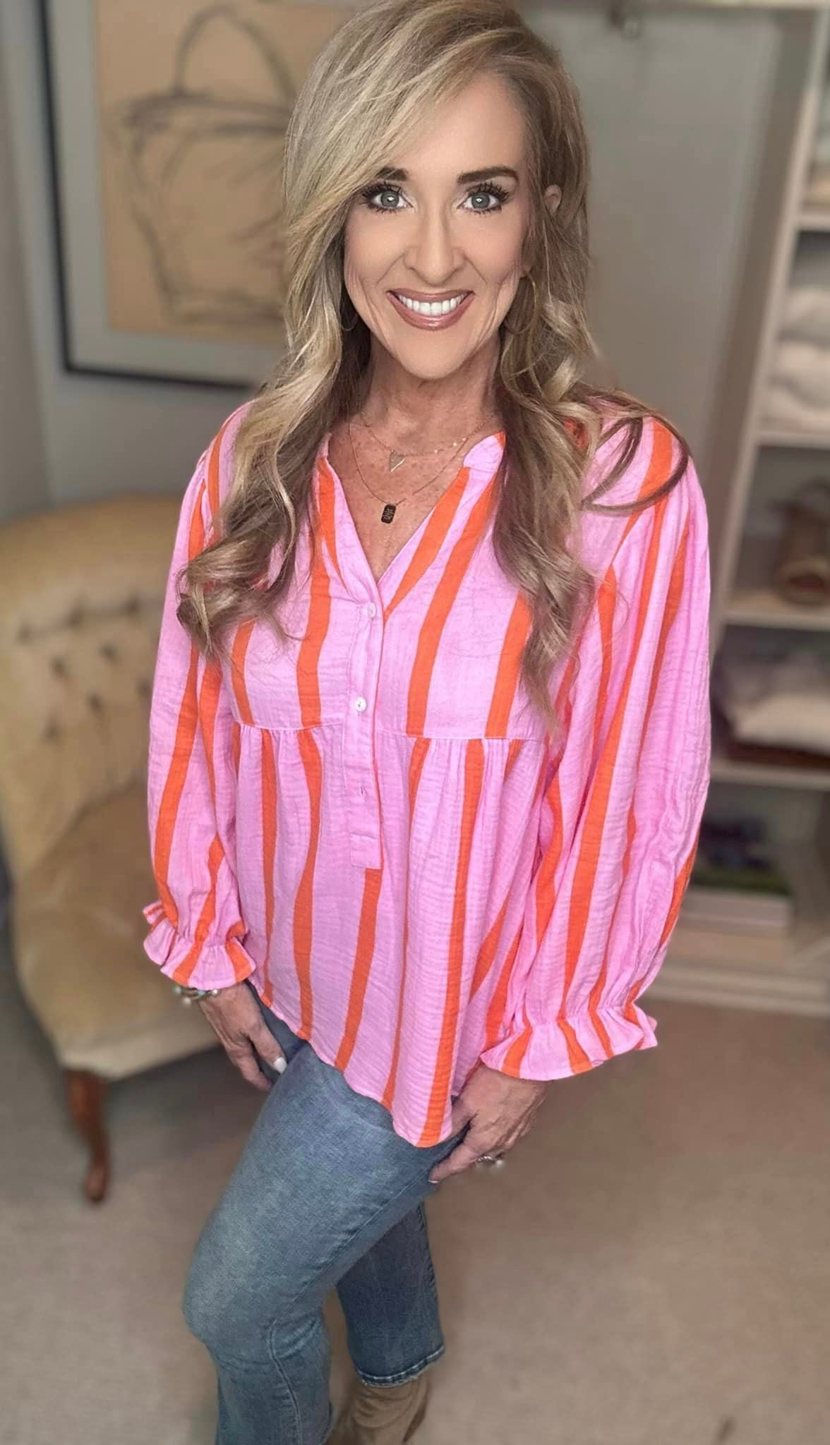 Striped Notched Long Sleeve Blouse