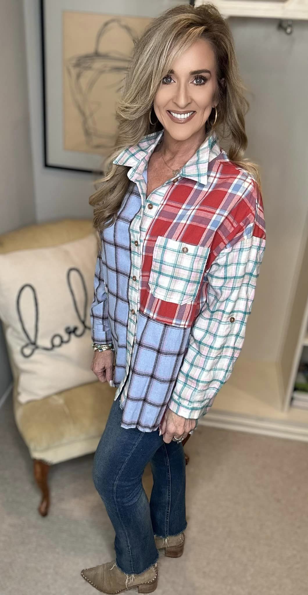 BiBi Color Block Plaid Button Down Shirt