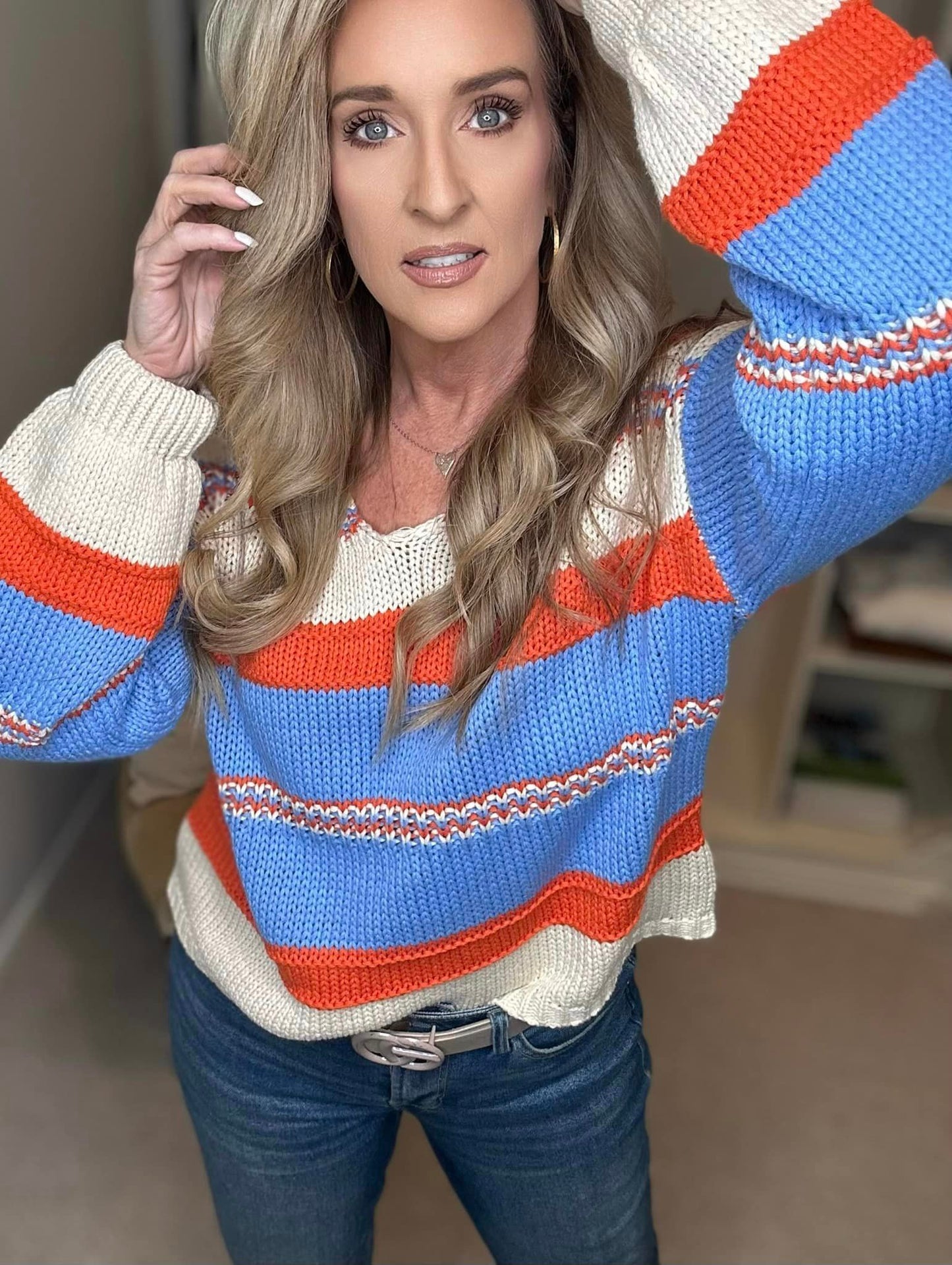 BiBi Multi Color Stripe Scoop Neck Sweater