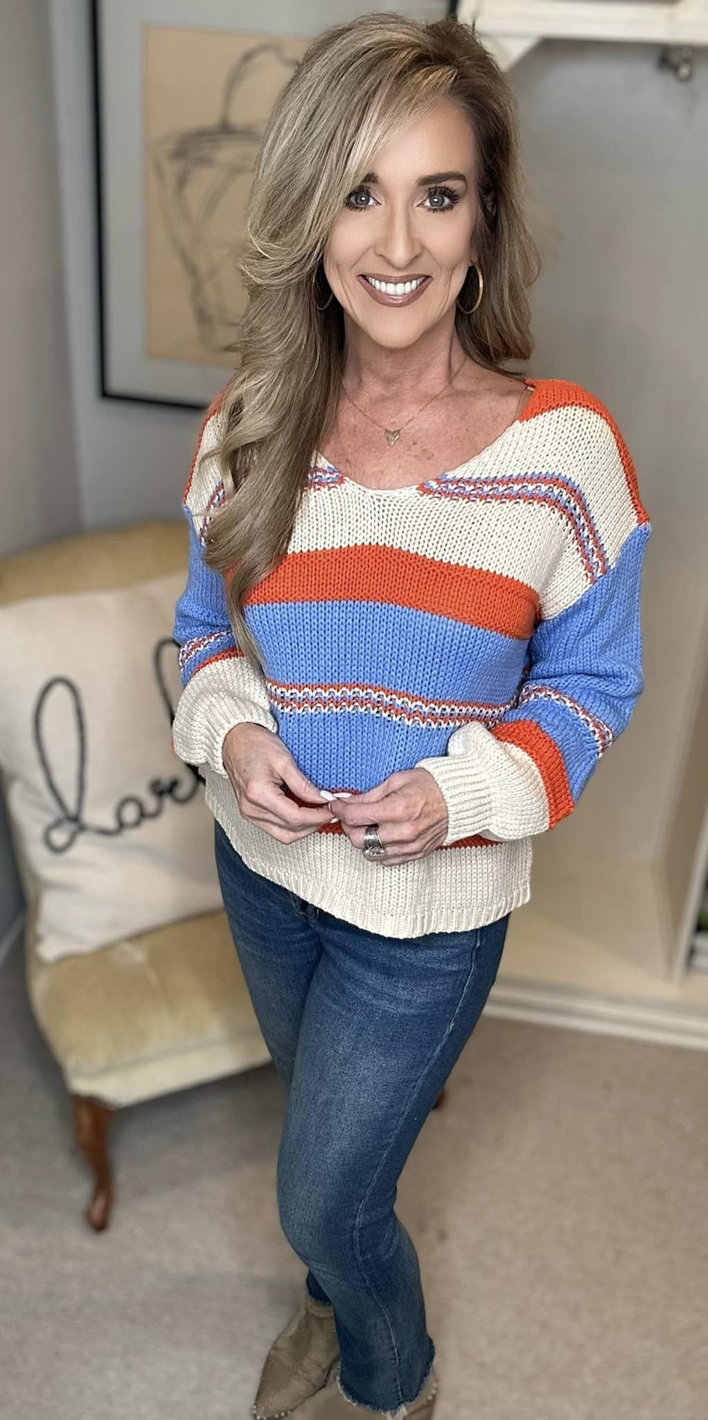 BiBi Multi Color Stripe Scoop Neck Sweater