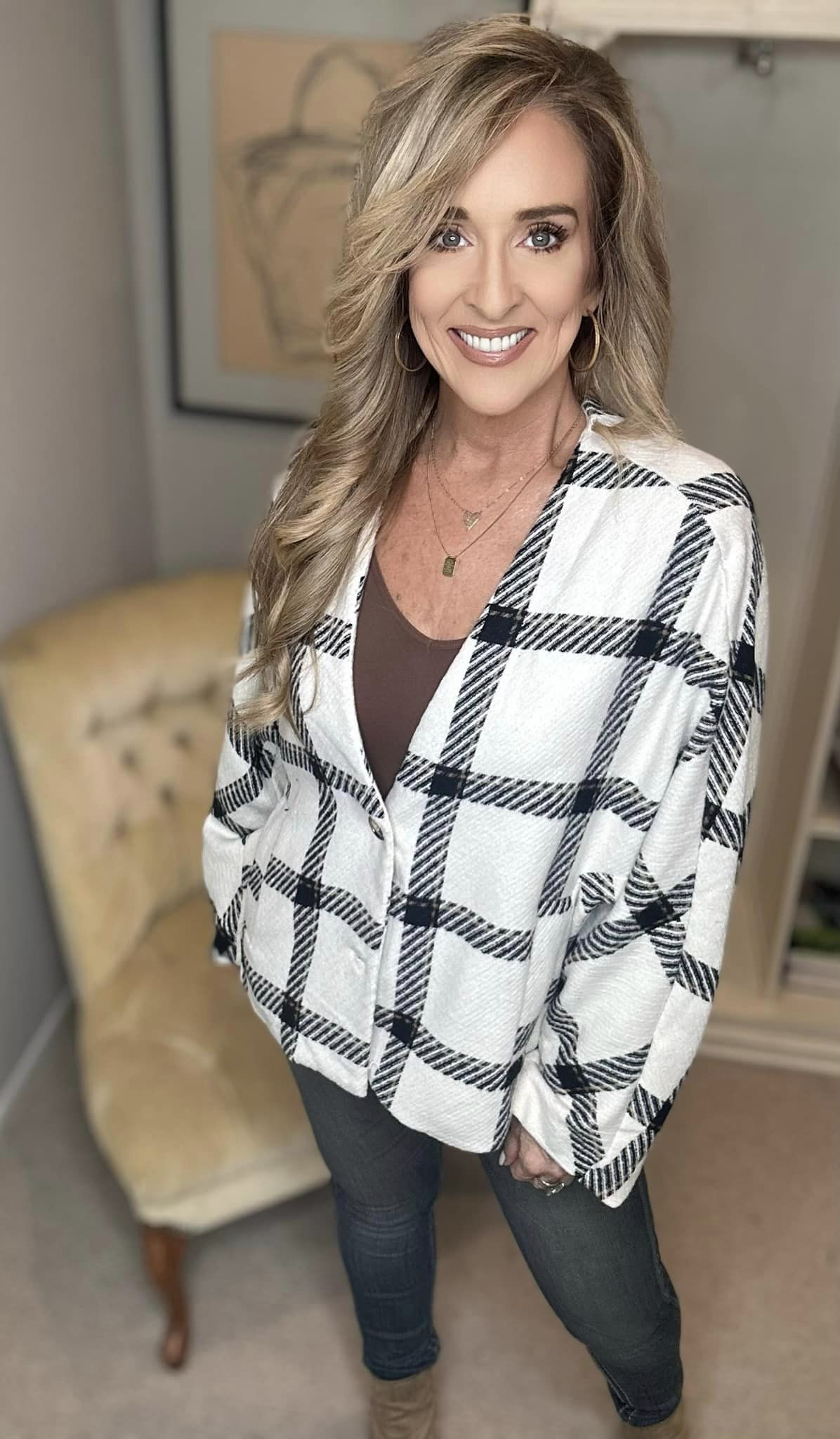 Plaid Long Sleeve Jacket with Side Slit Pockets