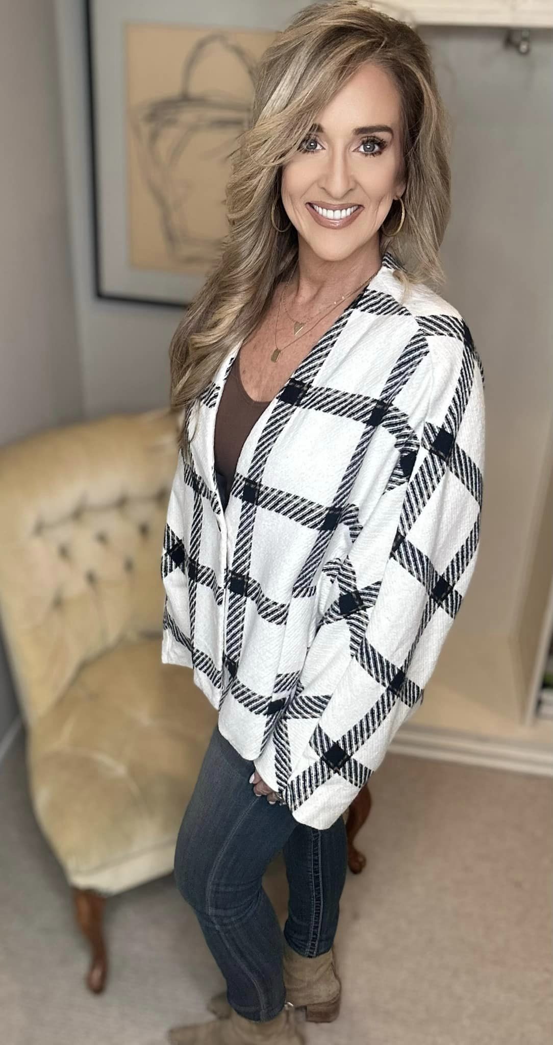 Plaid Long Sleeve Jacket with Side Slit Pockets