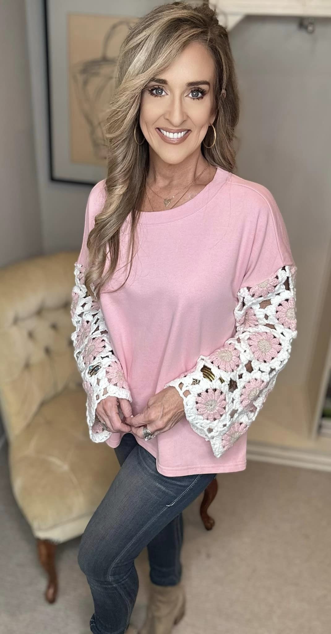 French Terry Crochet Sleeve Top