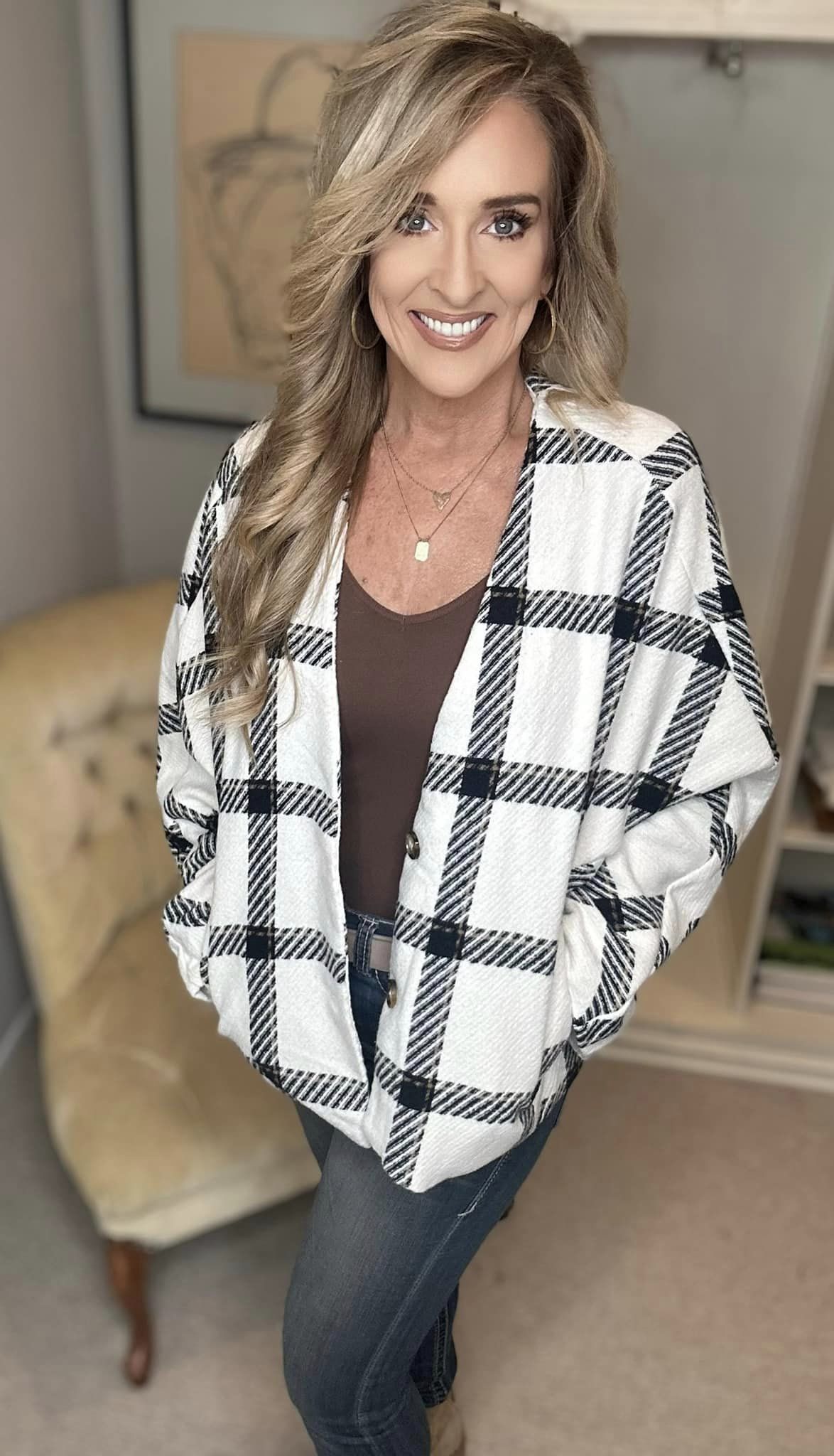 Plaid Long Sleeve Jacket with Side Slit Pockets