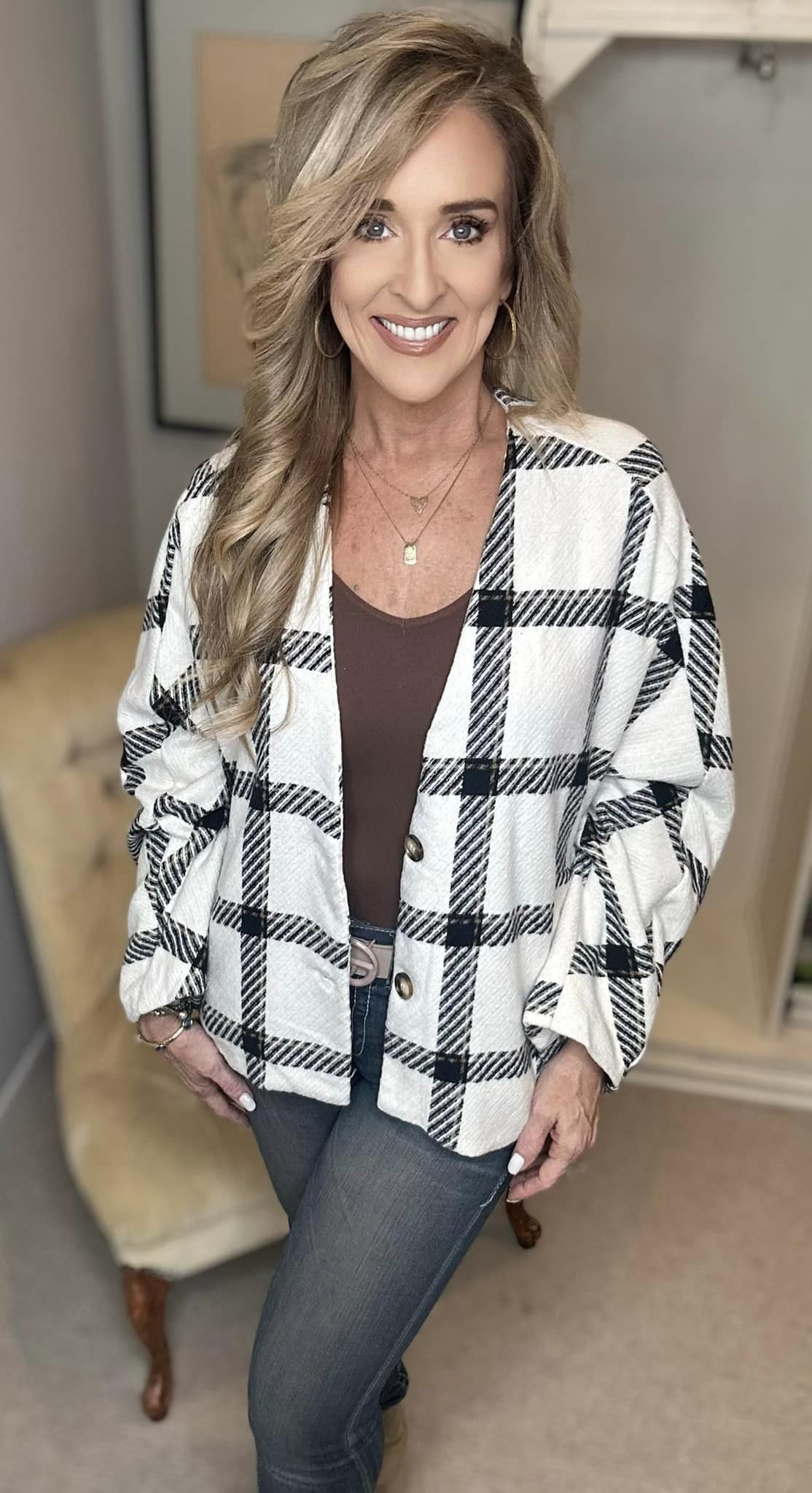 Plaid Long Sleeve Jacket with Side Slit Pockets