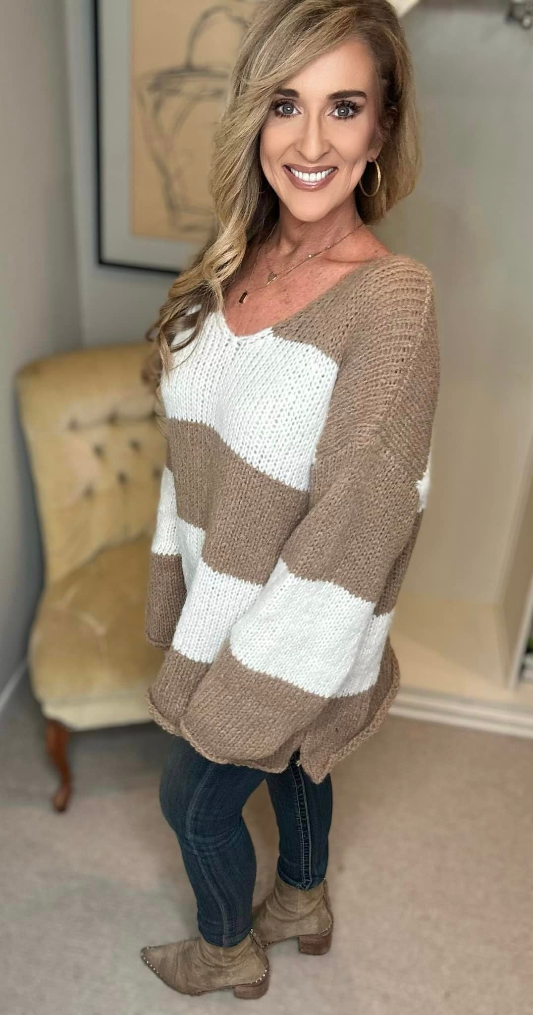 Slit Striped V-Neck Dropped Shoulder Sweater