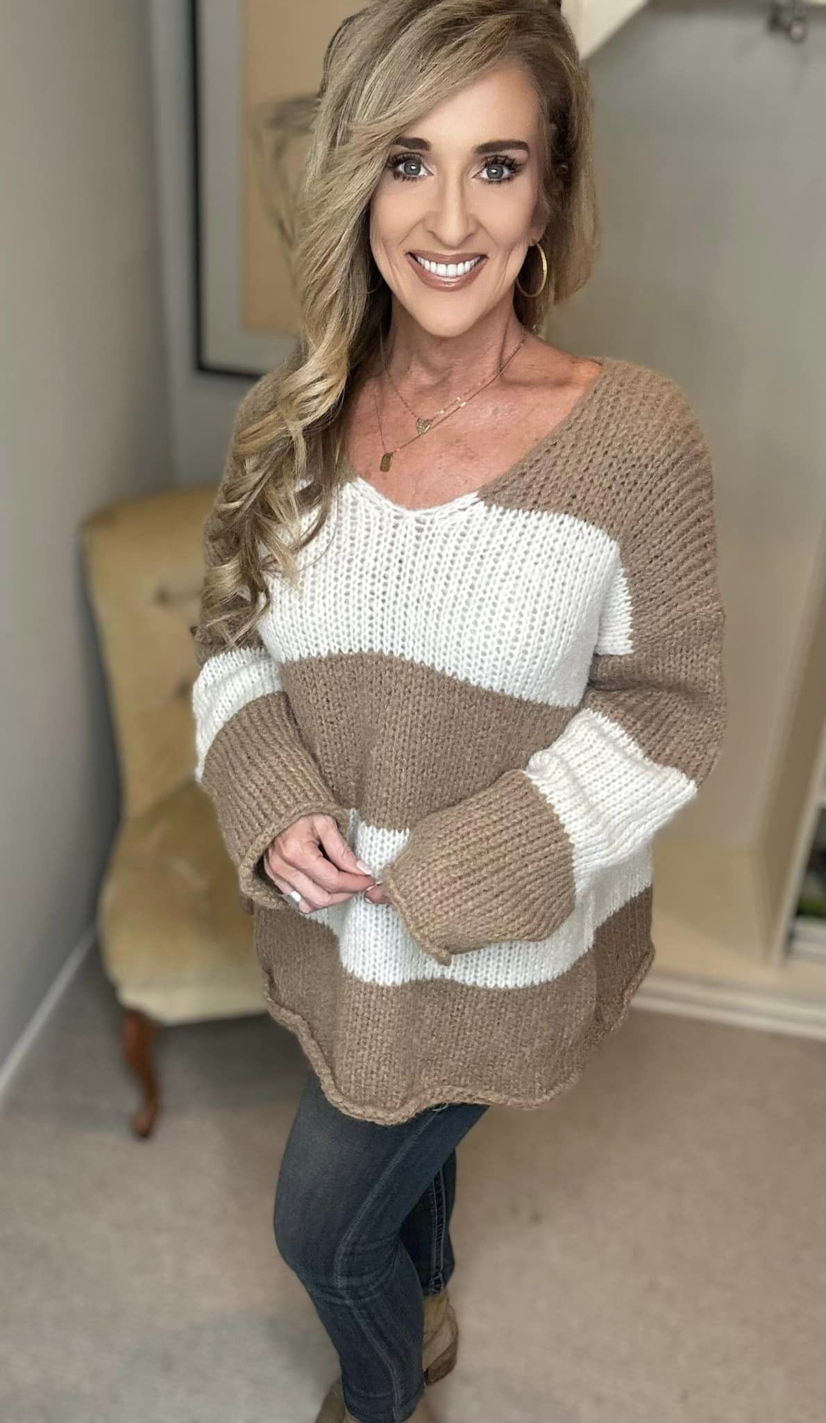 Slit Striped V-Neck Dropped Shoulder Sweater