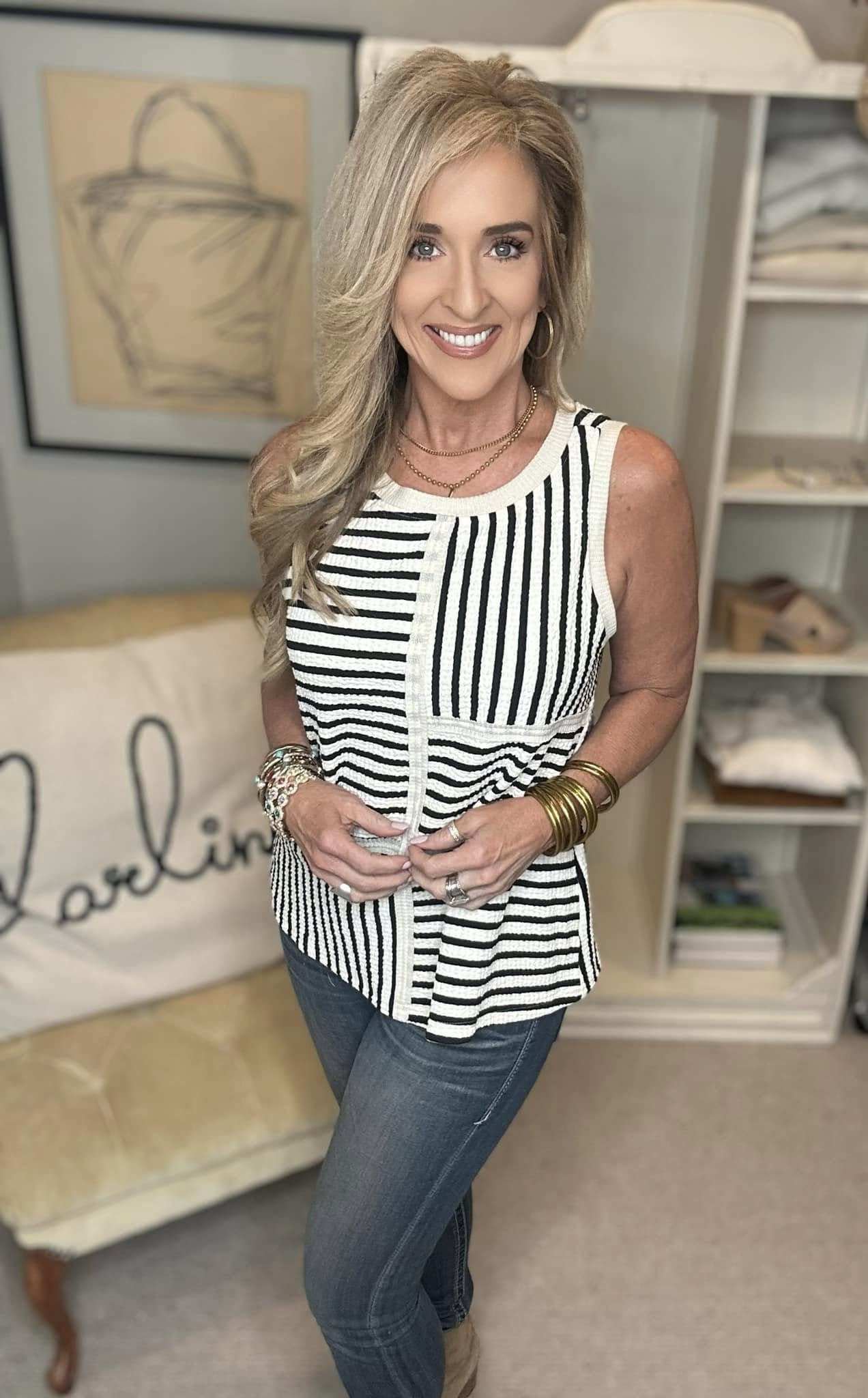 Round Neck Texture Striped Tank