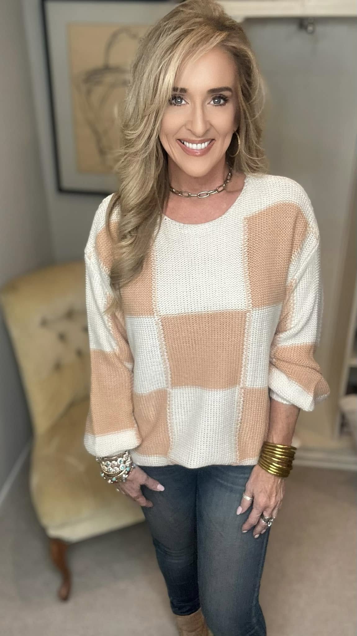 Checkered Round Neck Drop Shoulder Sweater