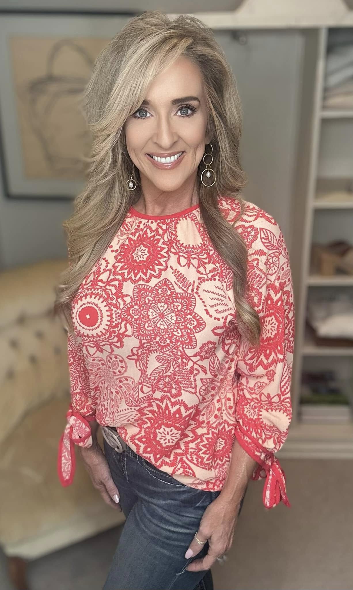 Ribbon Bow Detail Floral Round Neck Blouse