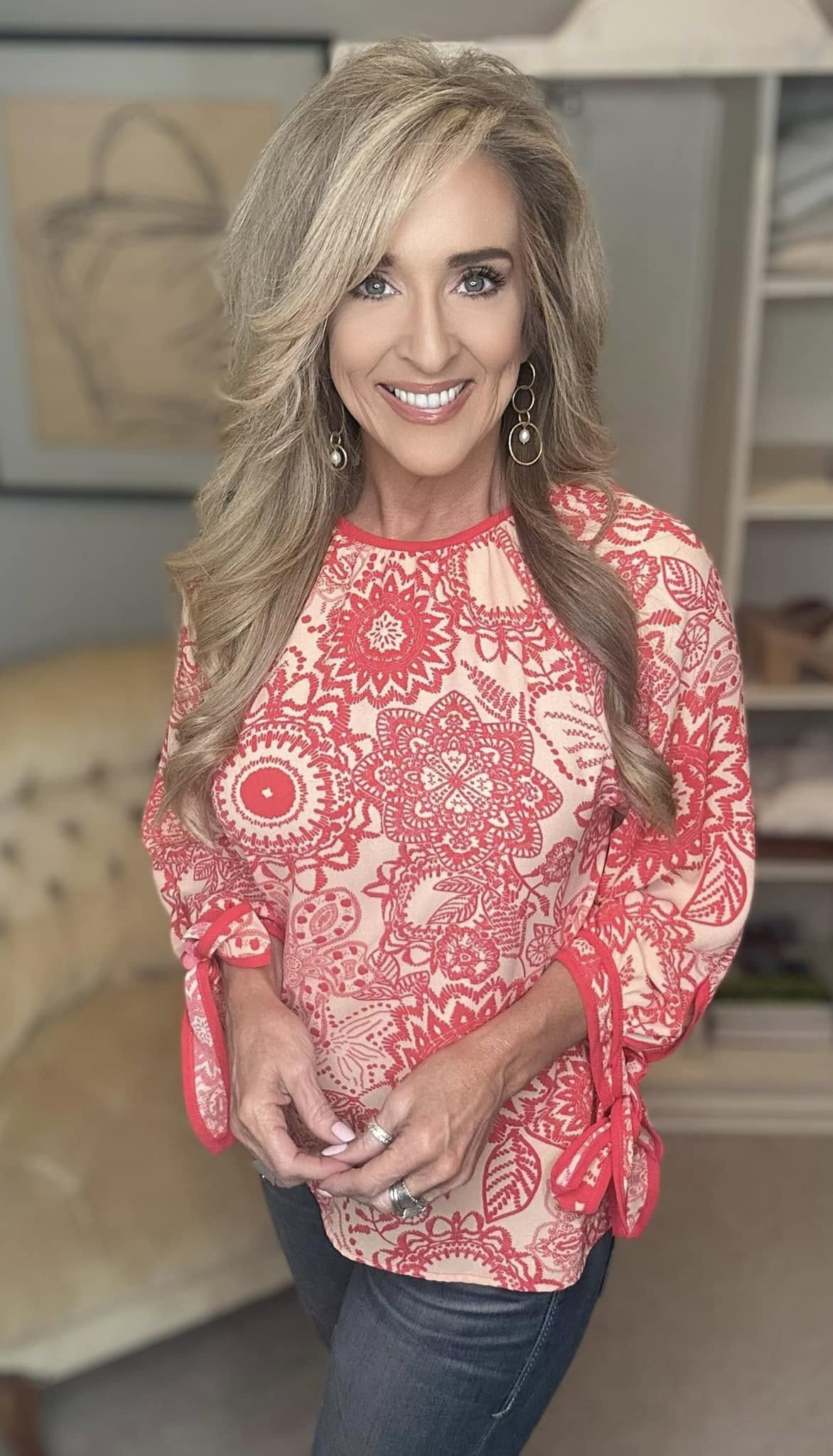 Ribbon Bow Detail Floral Round Neck Blouse