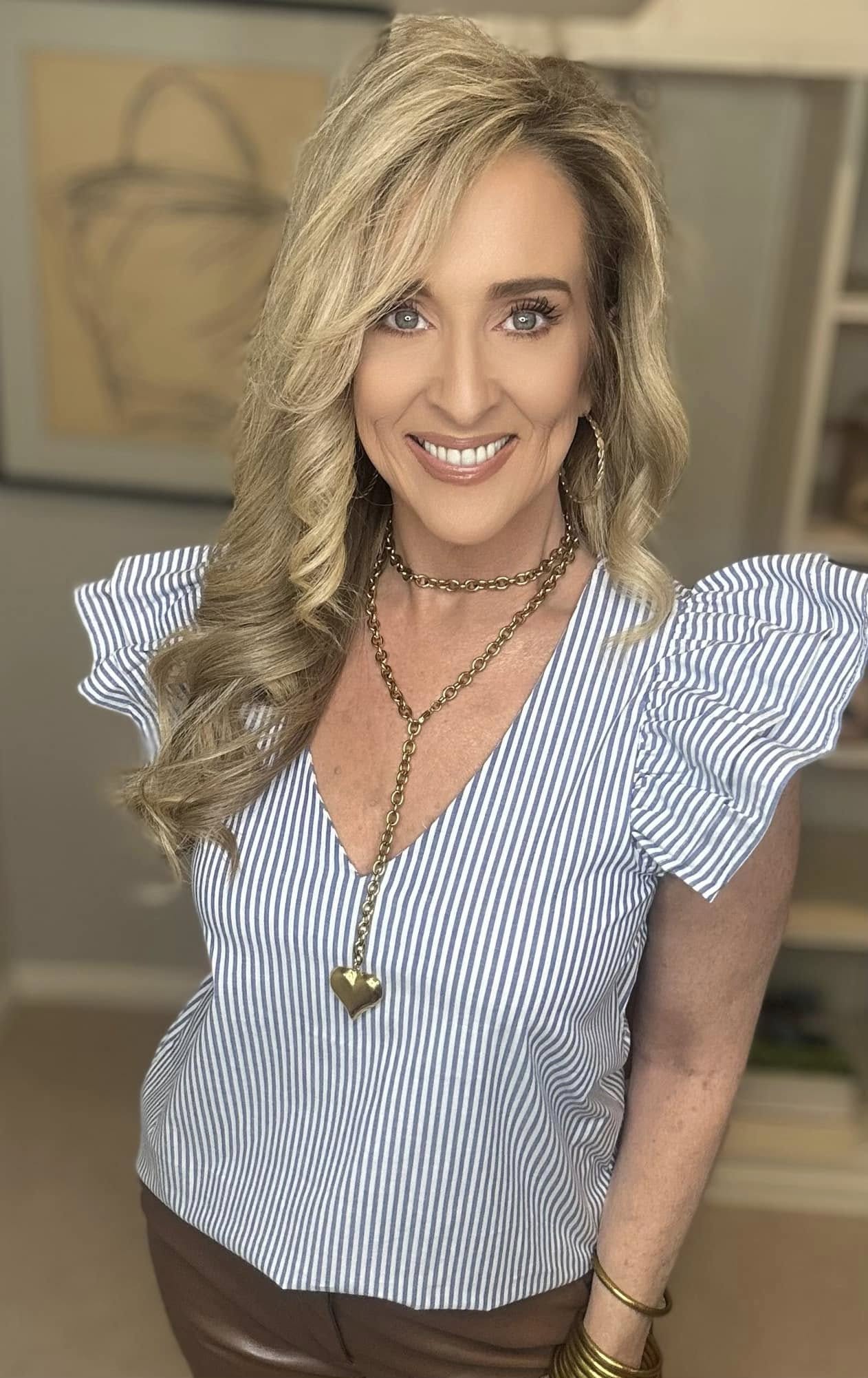 Striped V-Neck Ruffled Cap Sleeve Blouse