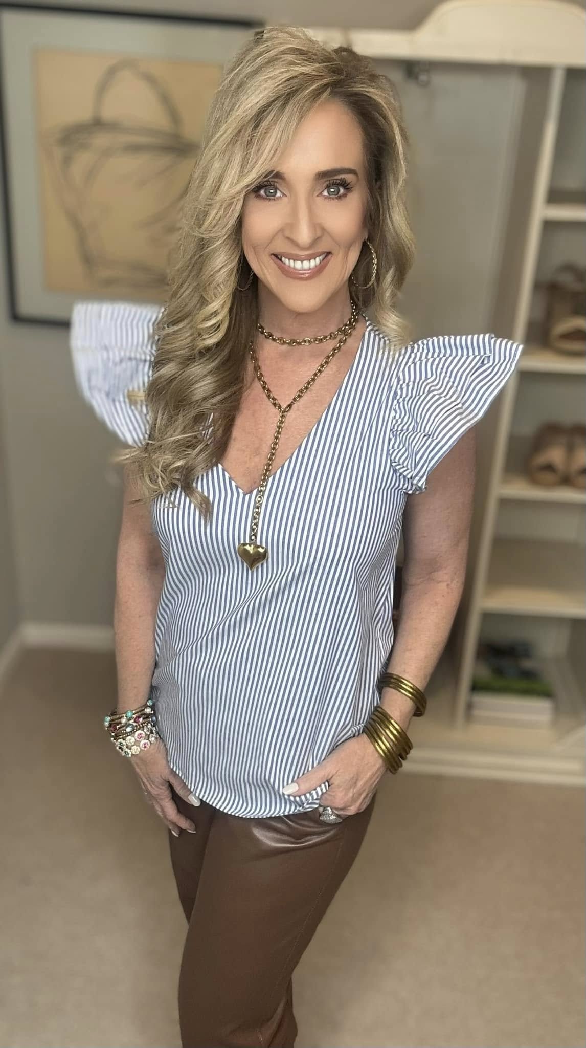 Striped V-Neck Ruffled Cap Sleeve Blouse