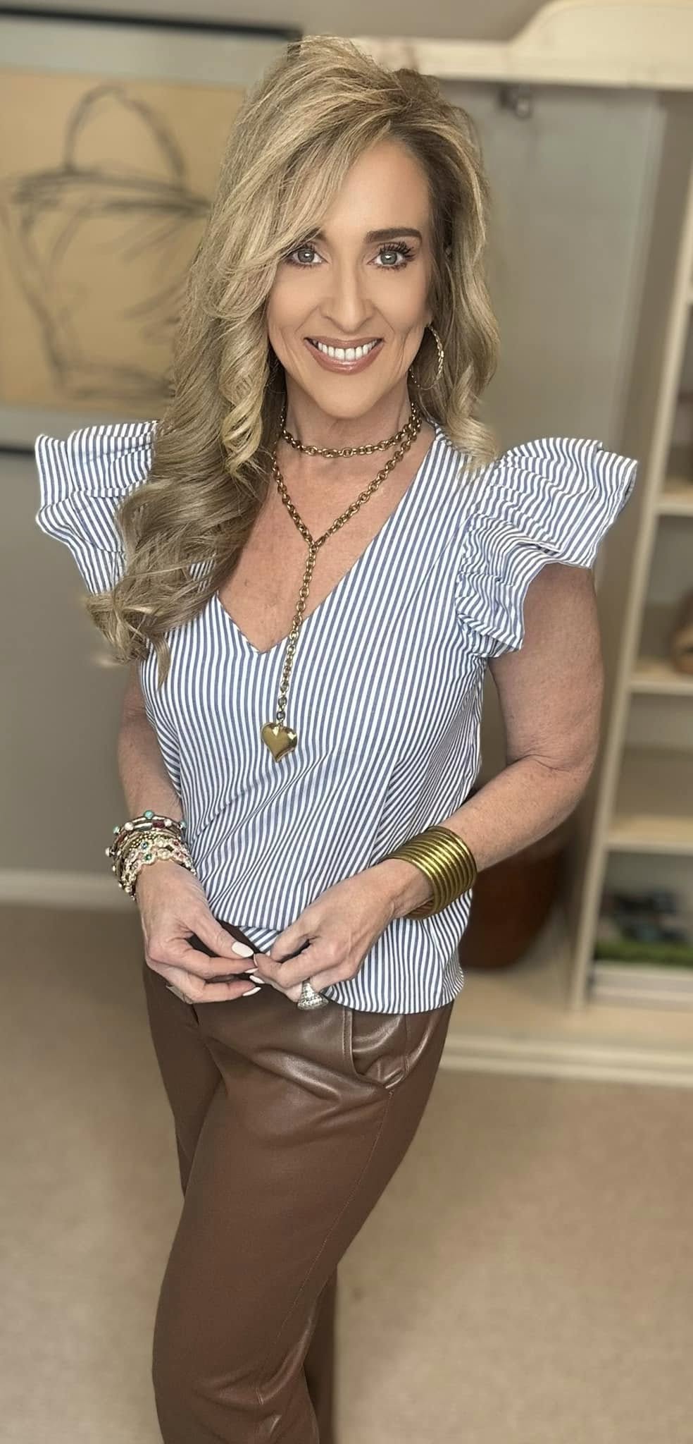 Striped V-Neck Ruffled Cap Sleeve Blouse