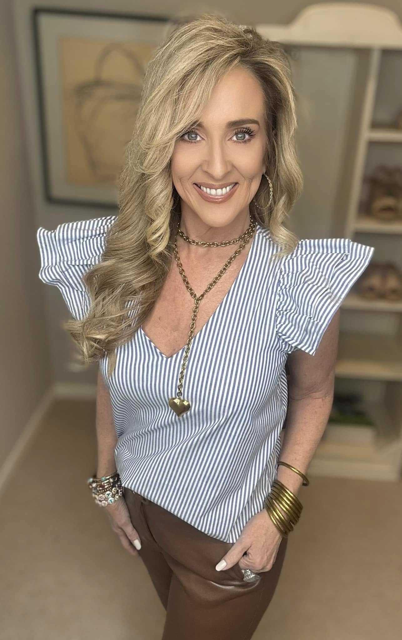 Striped V-Neck Ruffled Cap Sleeve Blouse