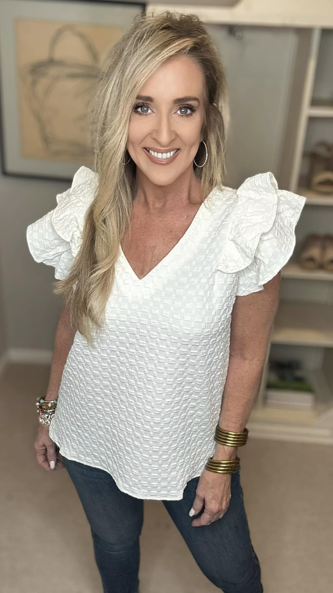 Umgee Full Size Textured Jacquard V-Neck Ruffle Cap Sleeve Blouse Plus Size