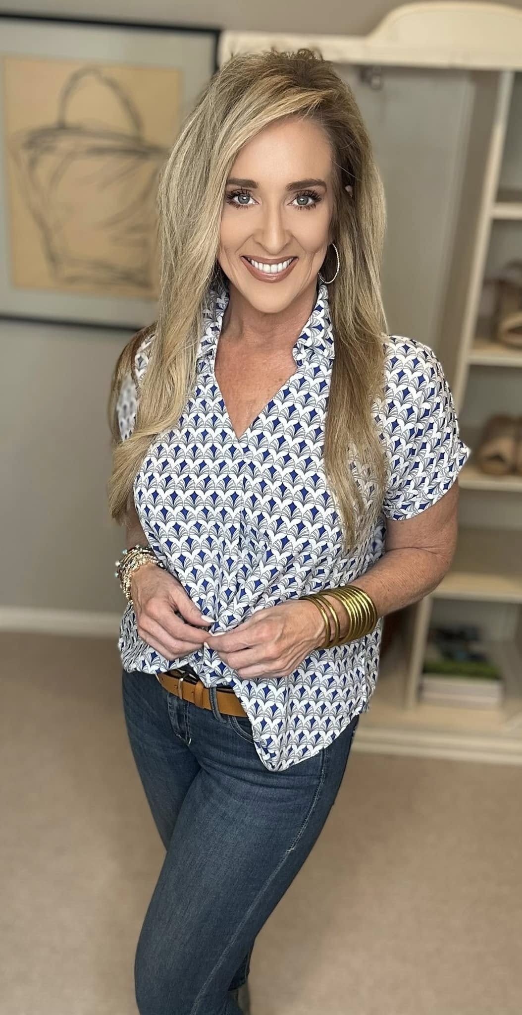 Printed Johnny Collar Short Sleeve Blouse Plus Size