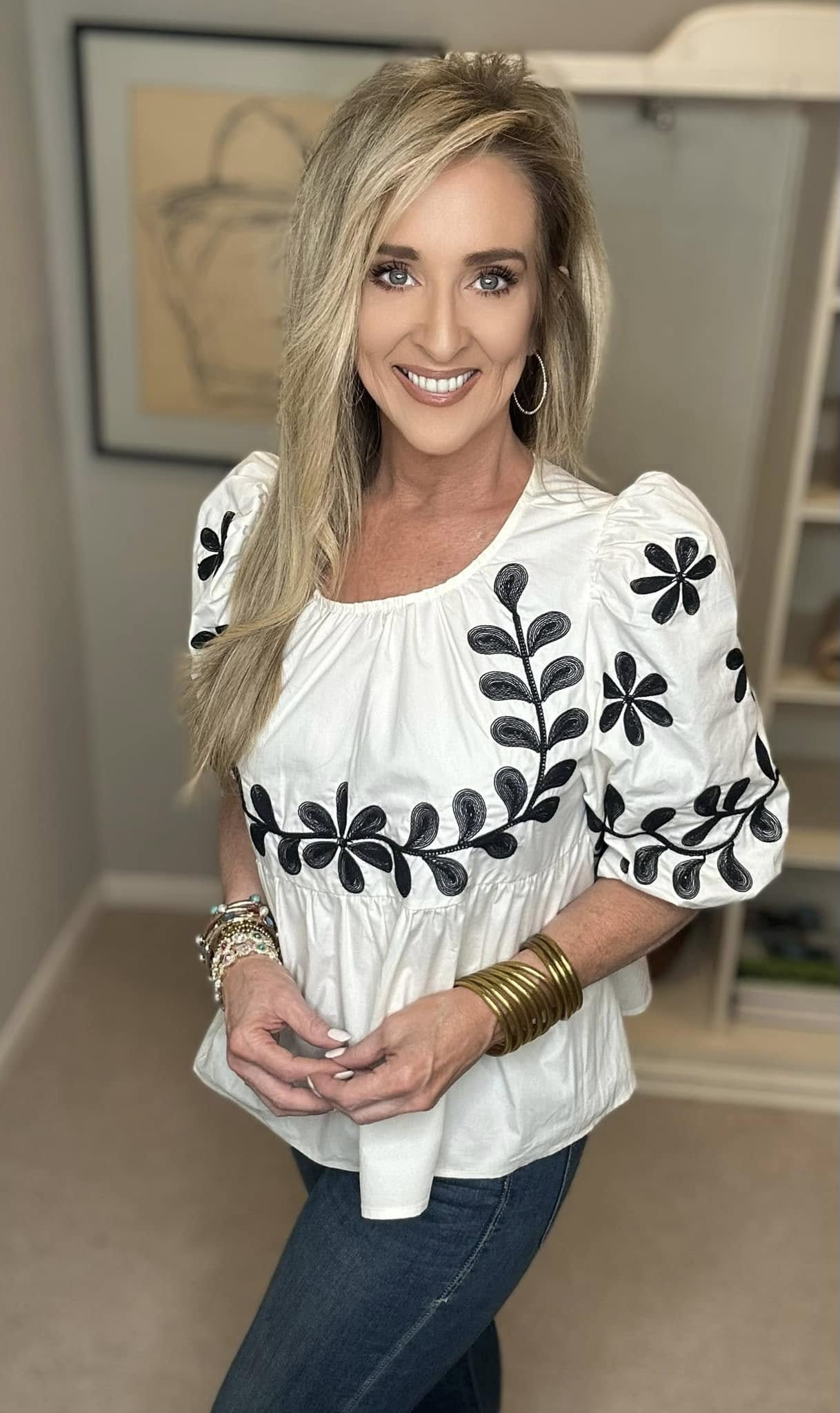 SAGE+FIG Puff-Sleeve Embroidered Peplum Blouse