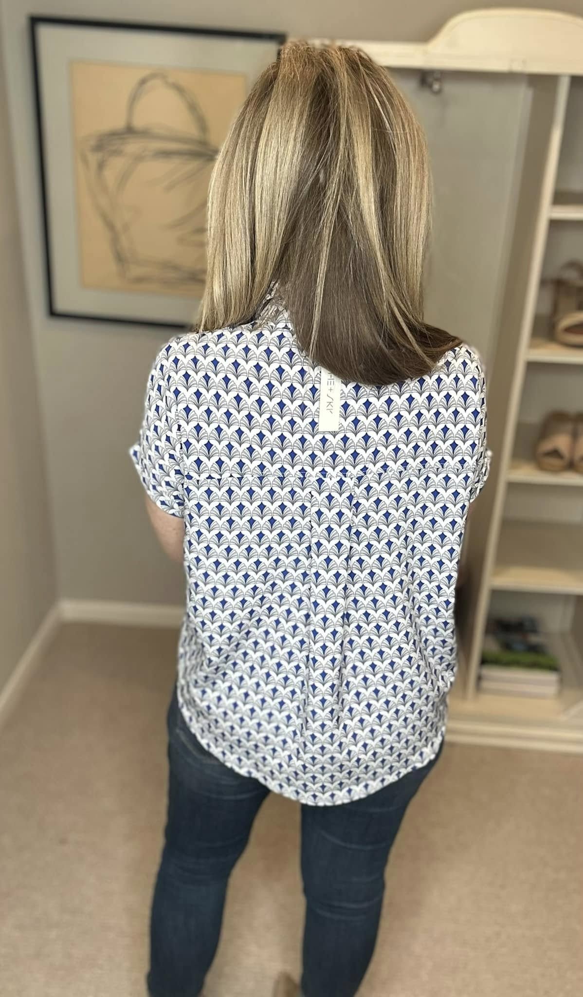 Printed Johnny Collar Short Sleeve Blouse Plus Size