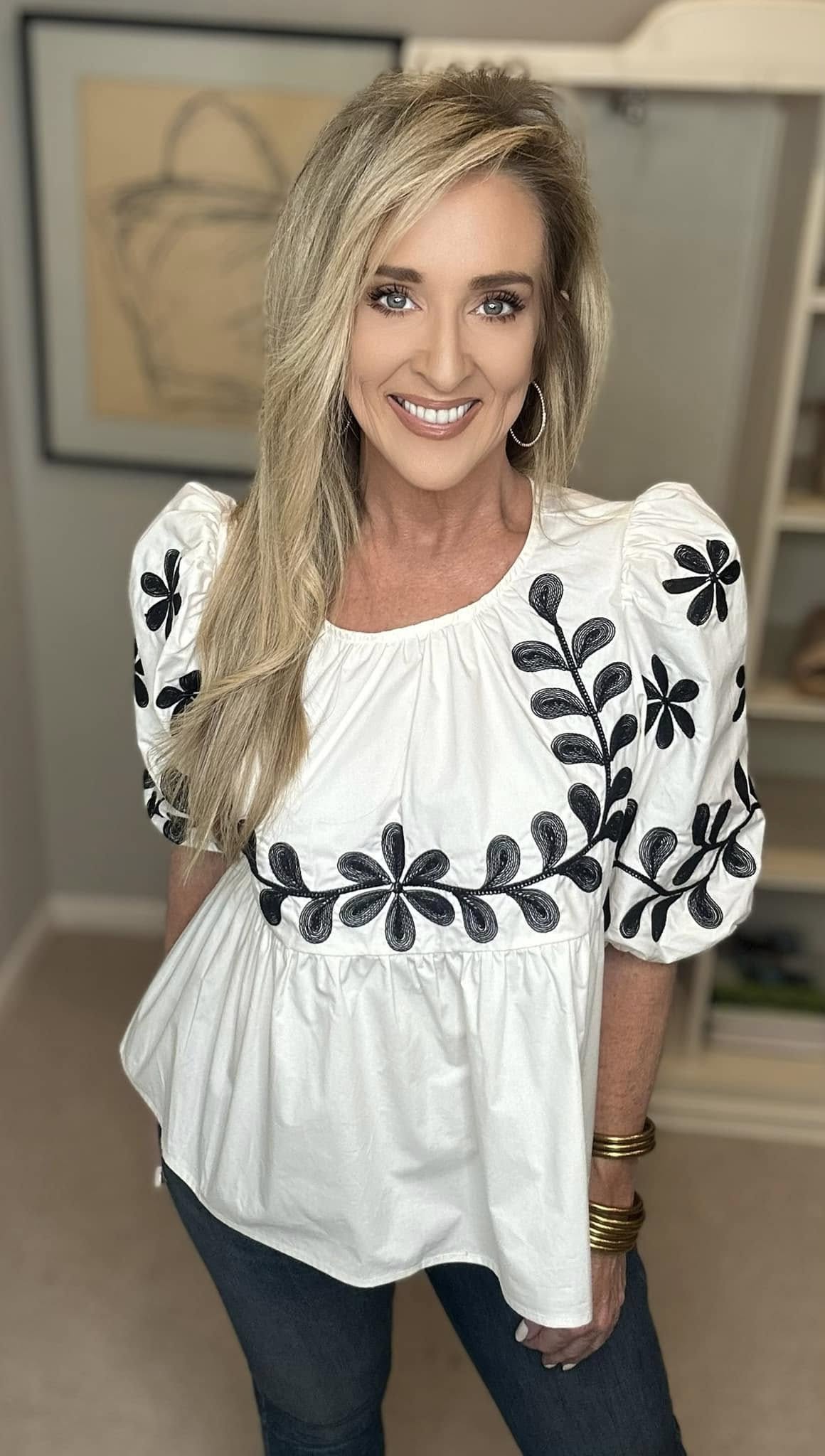 SAGE+FIG Puff-Sleeve Embroidered Peplum Blouse