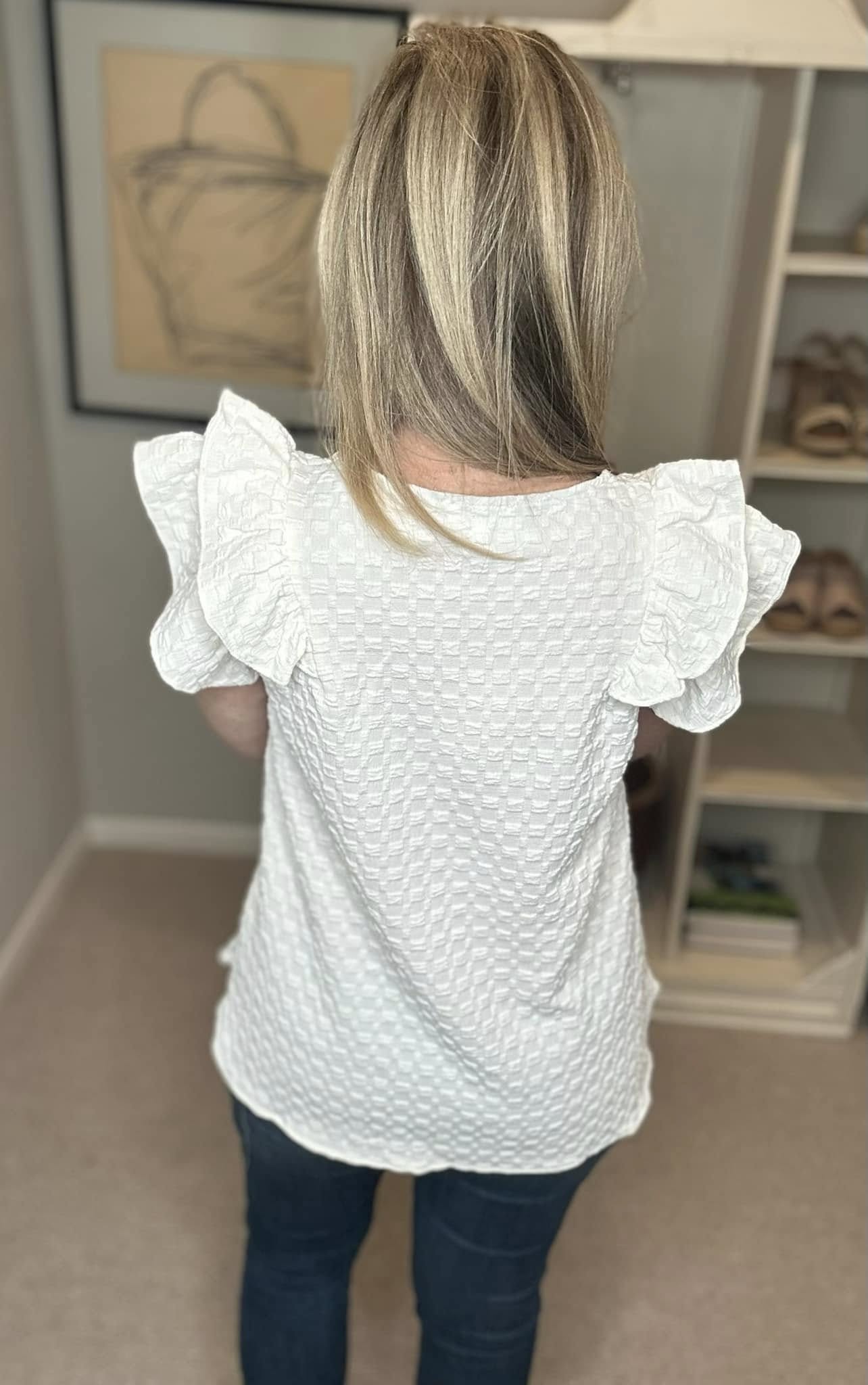 Umgee Full Size Textured Jacquard V-Neck Ruffle Cap Sleeve Blouse Plus Size