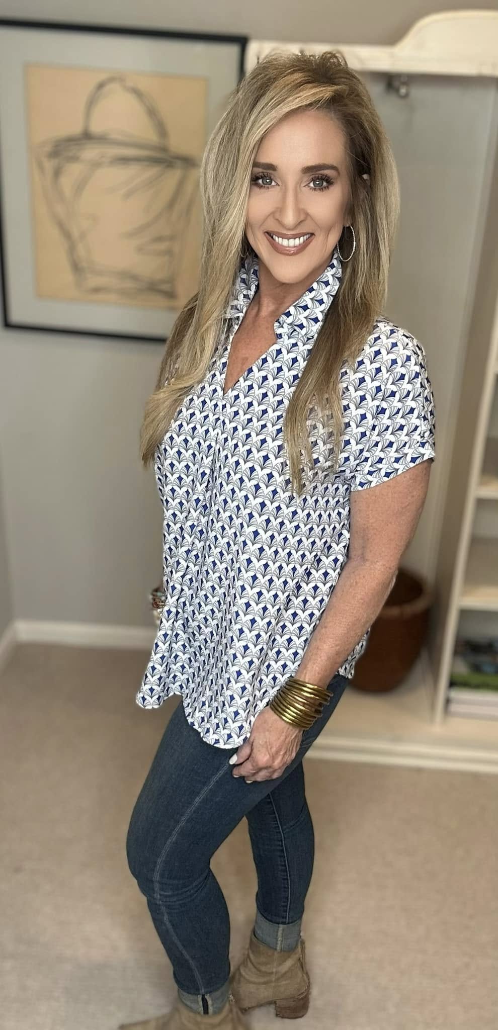 Printed Johnny Collar Short Sleeve Blouse Plus Size