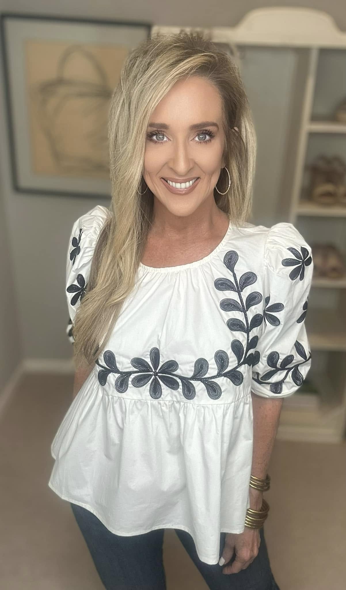 SAGE+FIG Puff-Sleeve Embroidered Peplum Blouse