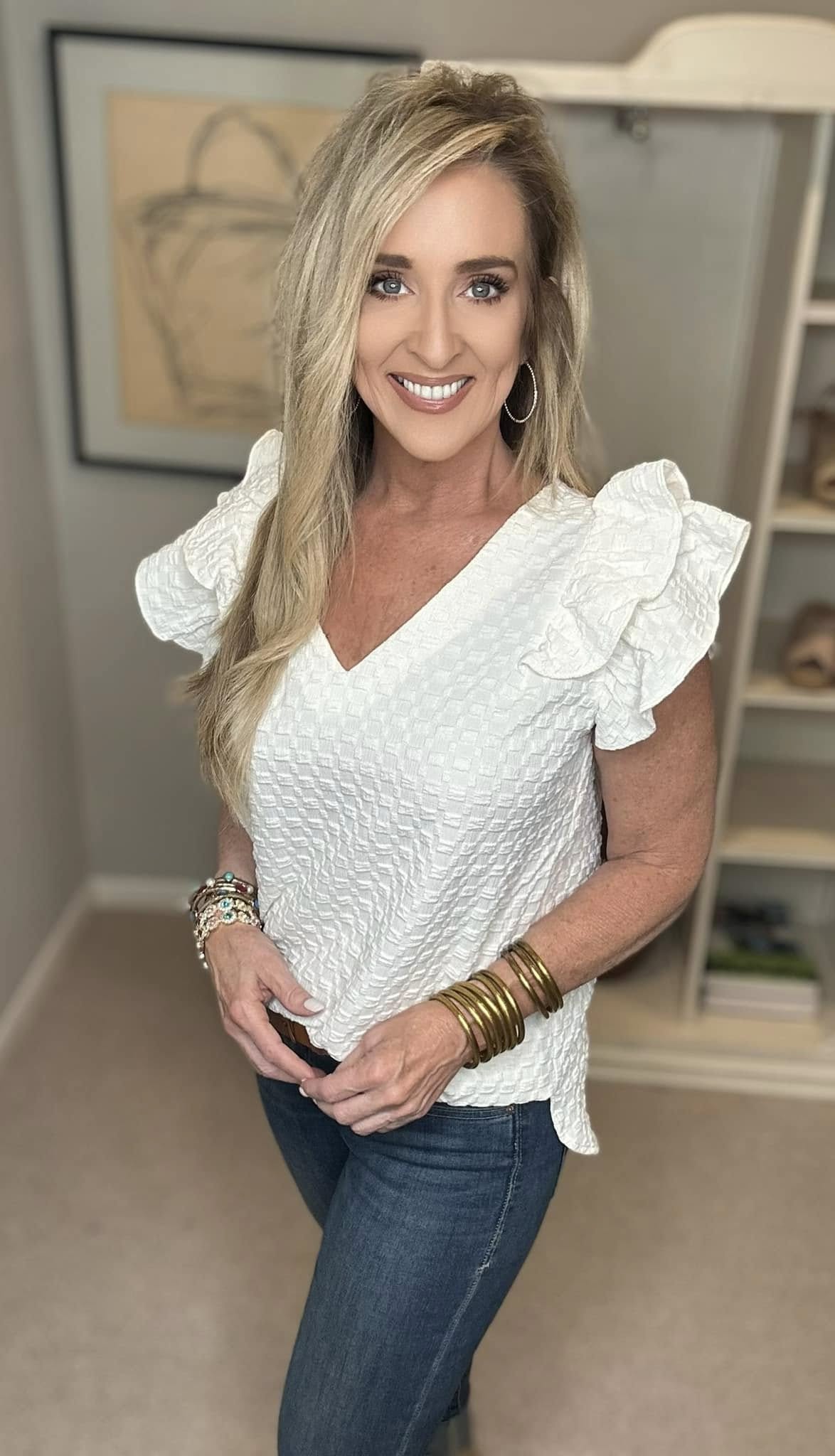 Umgee Full Size Textured Jacquard V-Neck Ruffle Cap Sleeve Blouse Plus Size