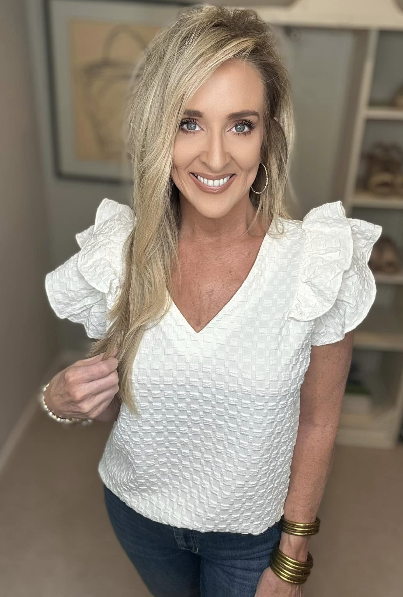 Umgee Full Size Textured Jacquard V-Neck Ruffle Cap Sleeve Blouse Plus Size