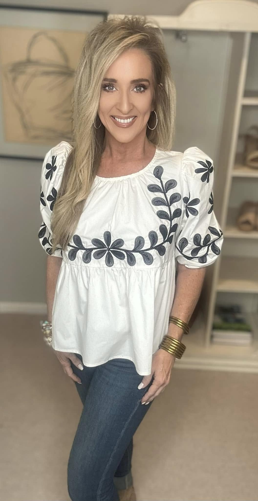 SAGE+FIG Puff-Sleeve Embroidered Peplum Blouse