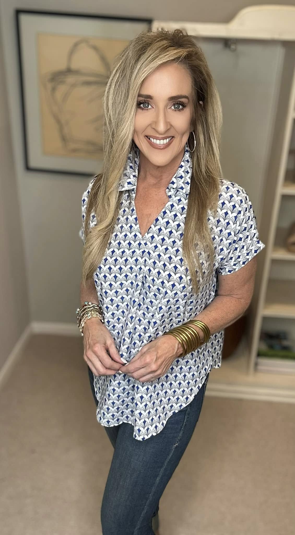 Printed Johnny Collar Short Sleeve Blouse Plus Size