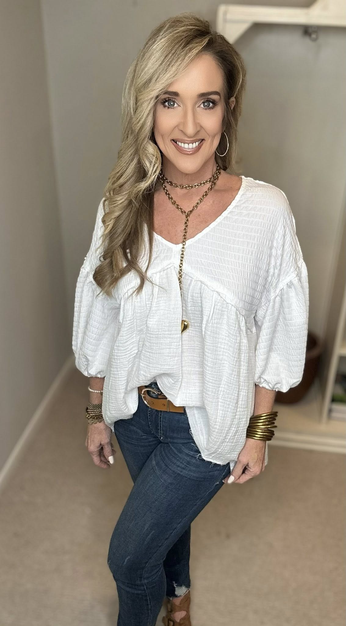 High-Low Frayed Hem V-Neck Blouse