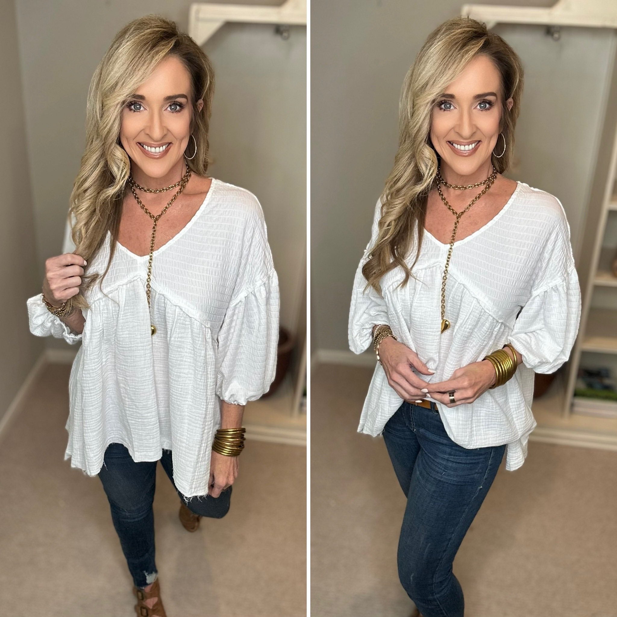 High-Low Frayed Hem V-Neck Blouse