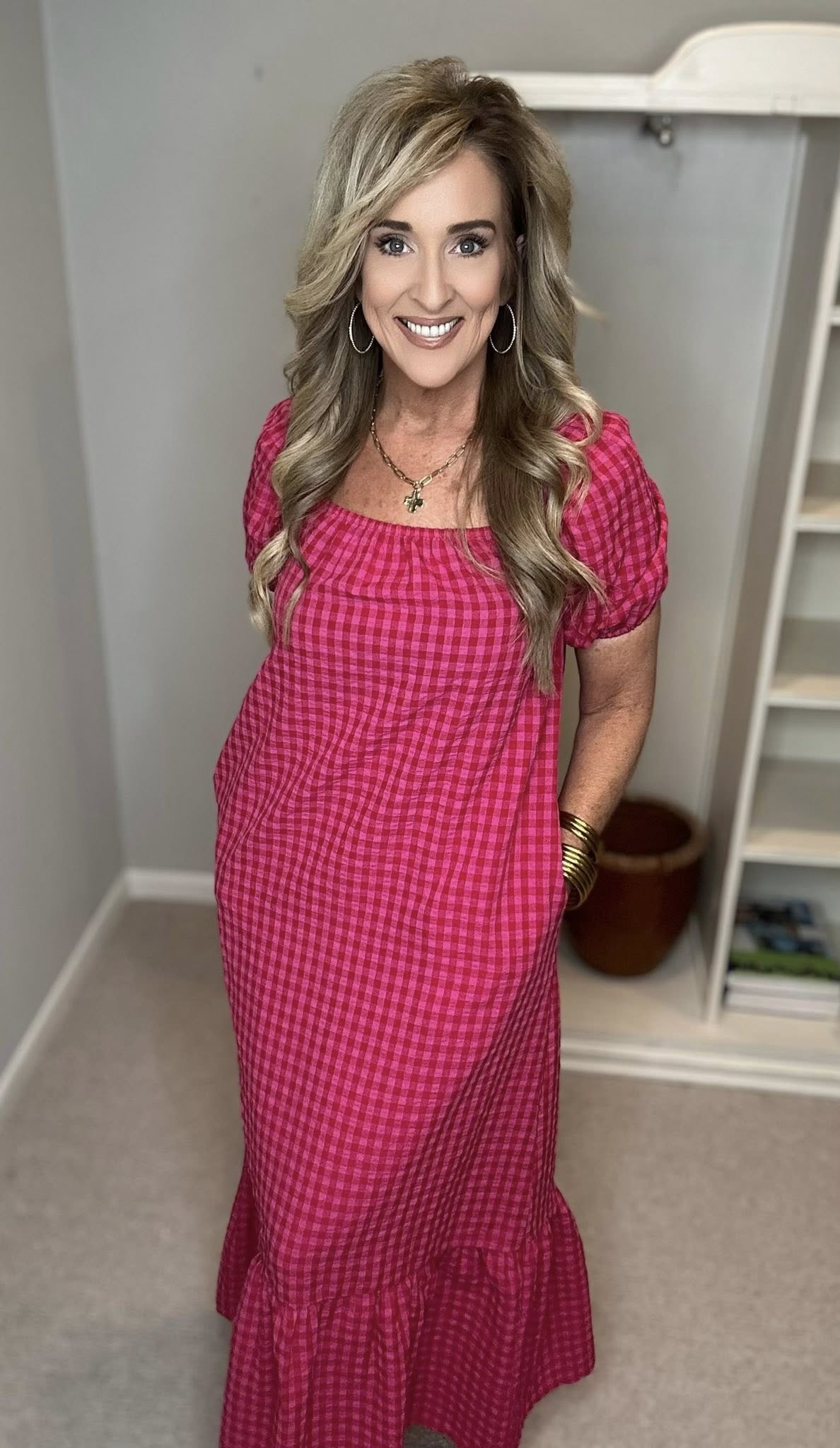 Gingham Check Bubble Sleeve Ruffled Maxi Dress
