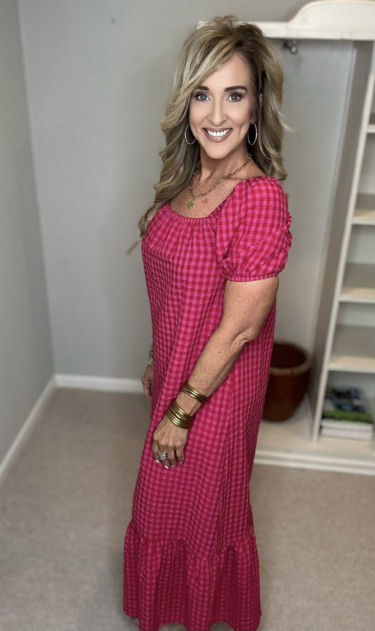 Gingham Check Bubble Sleeve Ruffled Maxi Dress