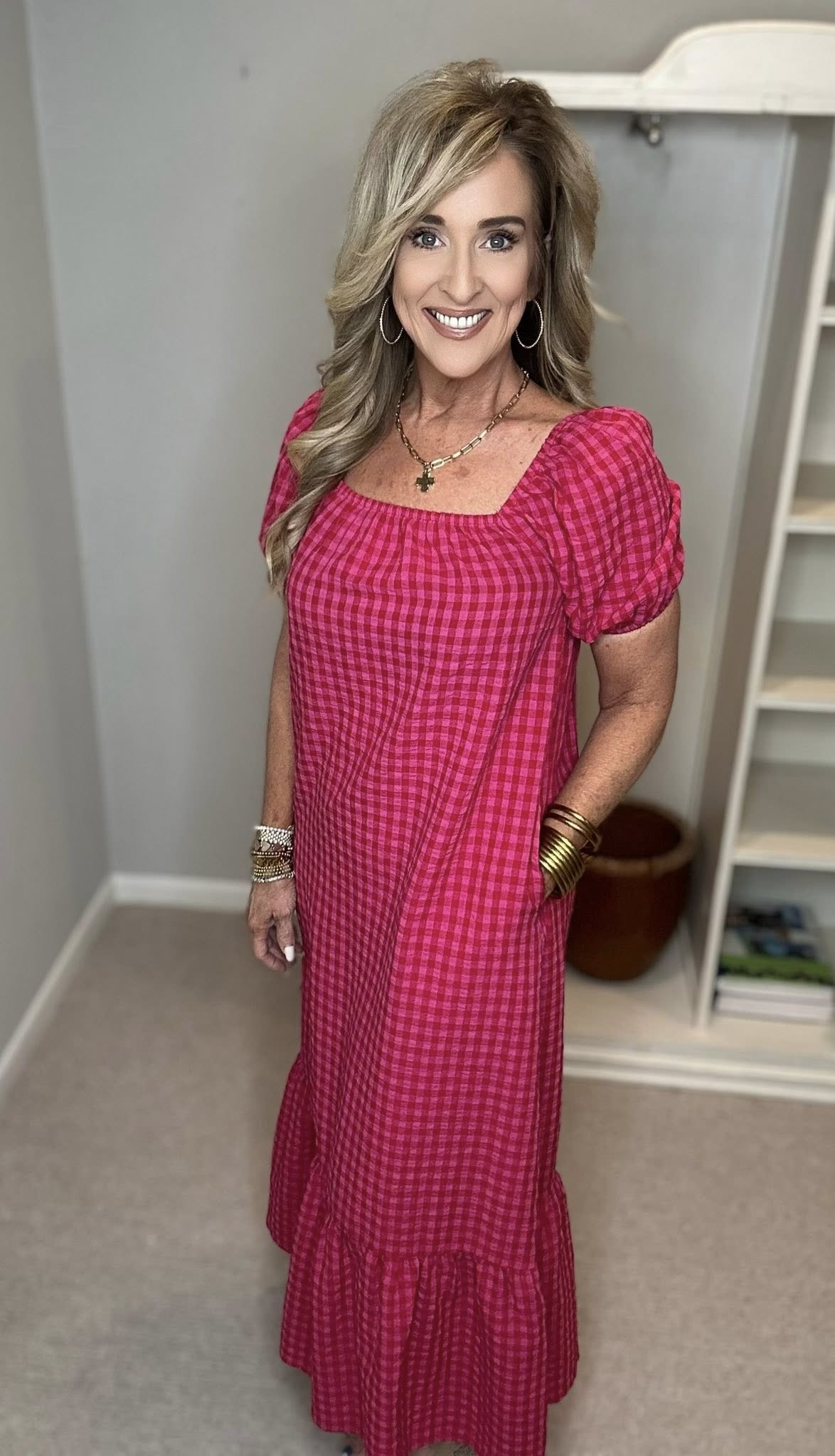 Gingham Check Bubble Sleeve Ruffled Maxi Dress
