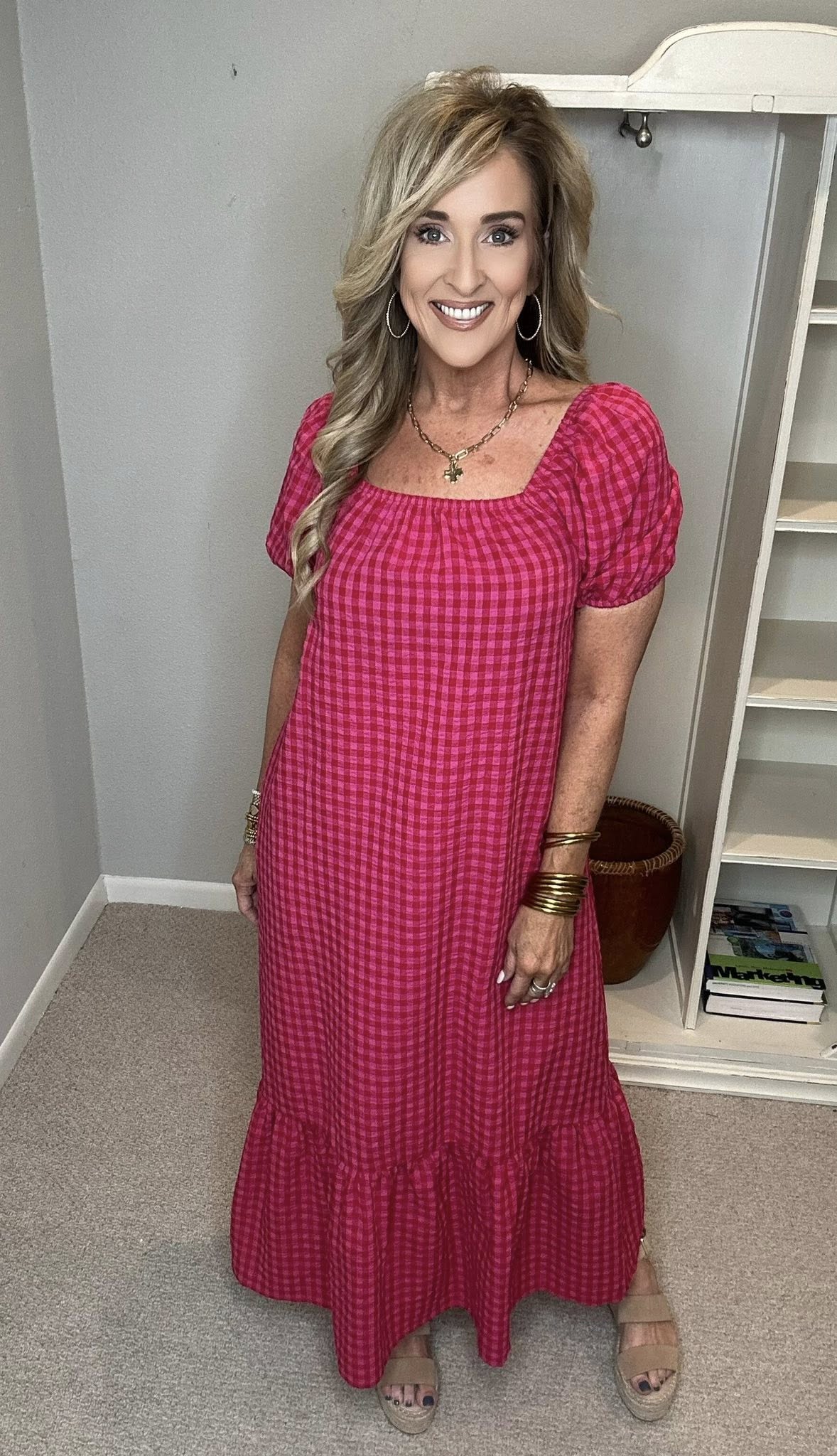 Gingham Check Bubble Sleeve Ruffled Maxi Dress