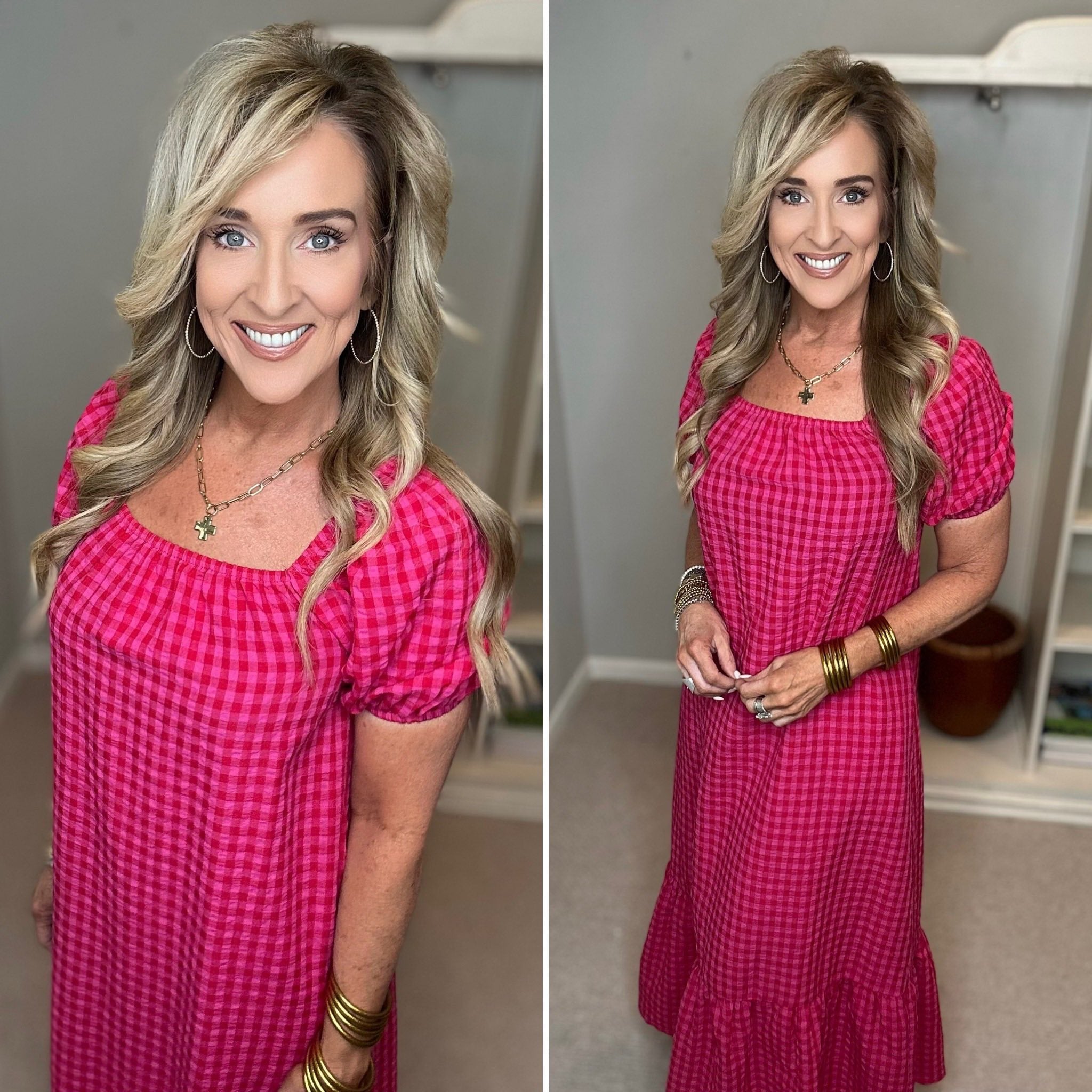 Gingham Check Bubble Sleeve Ruffled Maxi Dress