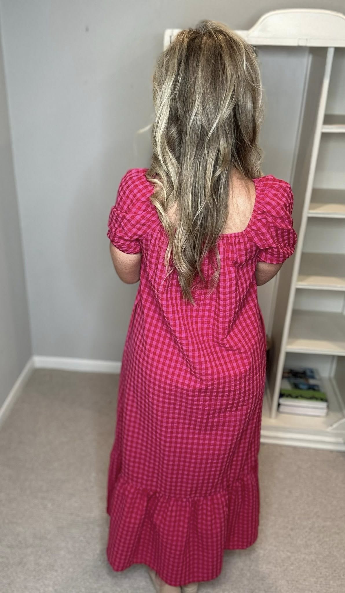 Gingham Check Bubble Sleeve Ruffled Maxi Dress