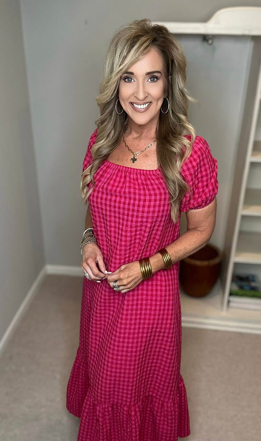 Gingham Check Bubble Sleeve Ruffled Maxi Dress