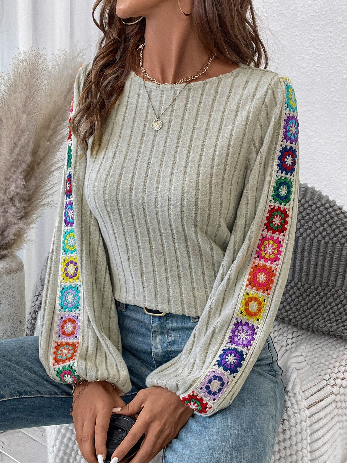 Crochet Ribbed Knit Pullover