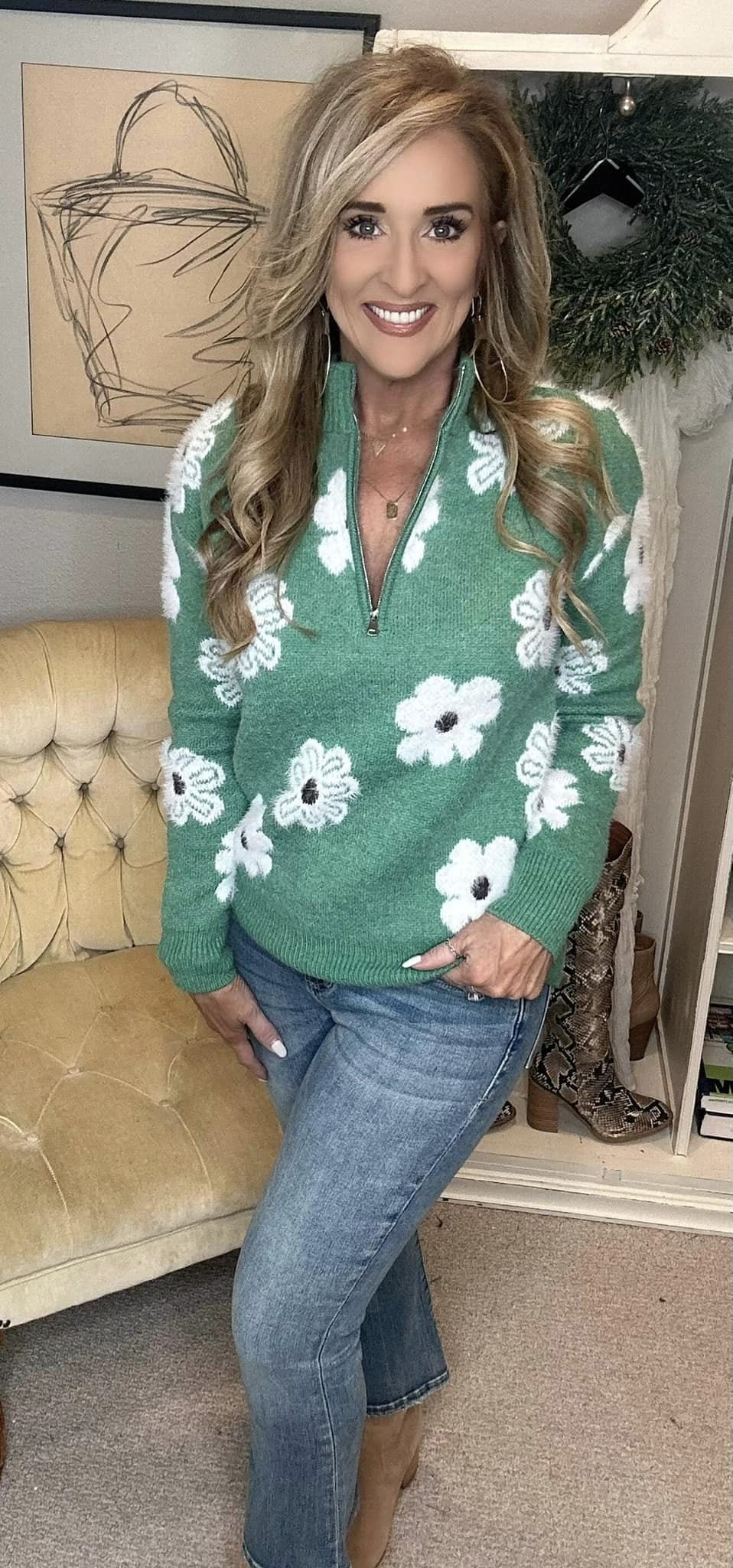 Flower Half Zip Long Sleeve Sweater